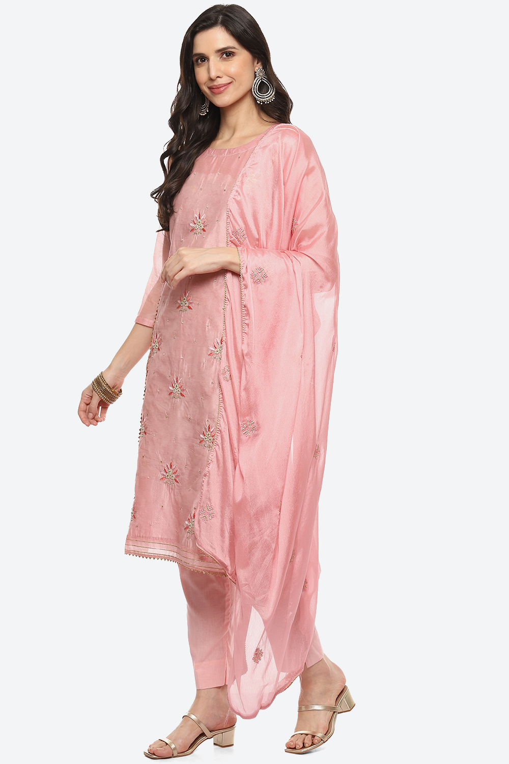 Pink Cotton Blend Unstitched Suit Set image number 6