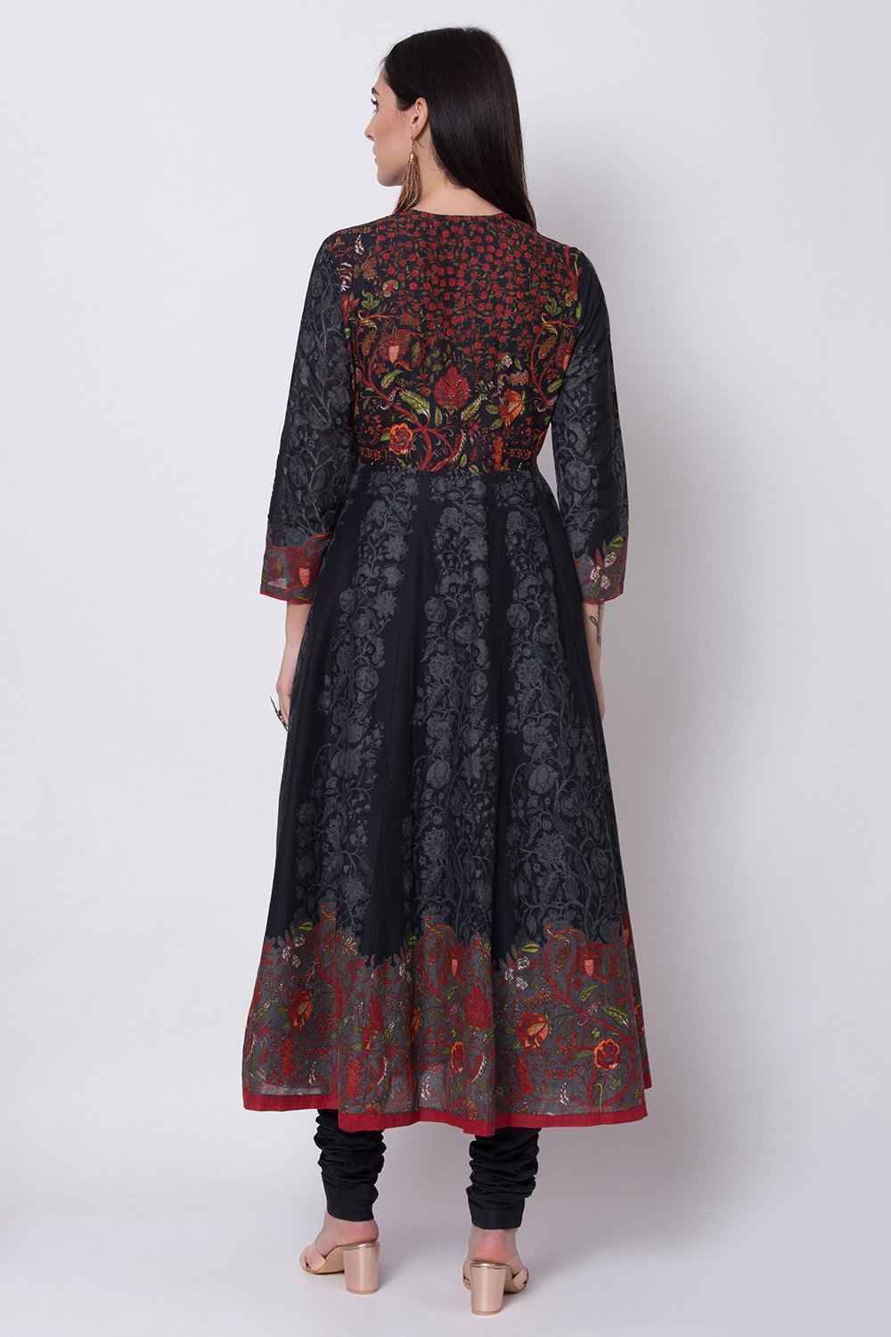Black Cotton Anarkali Kurta Churidar Suit Set image number 5