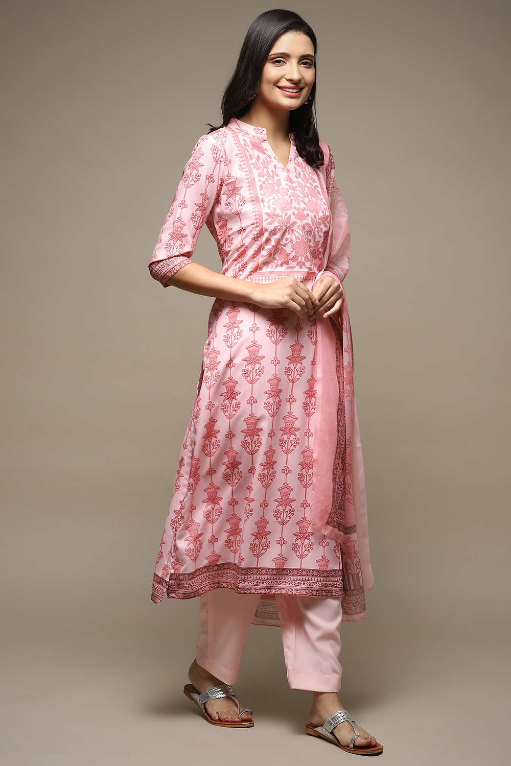 Beige Chanderi Machine Embroidered Unstitched Suit Set image number 7