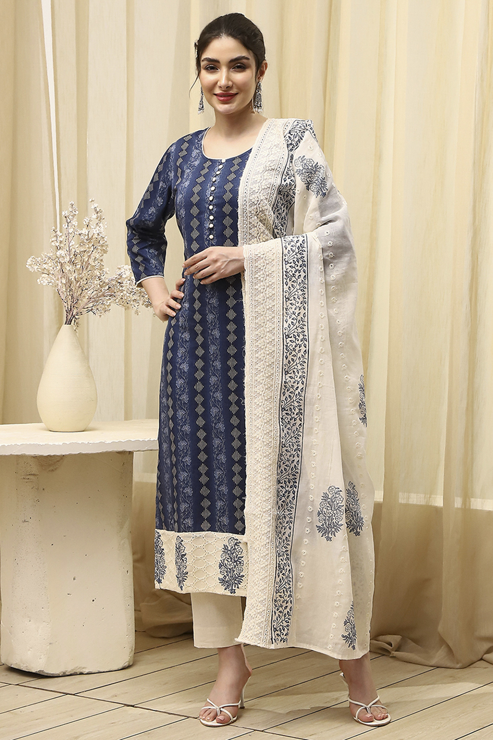 Navy Blue Cotton Handloom Unstitched Suit Set image number 1