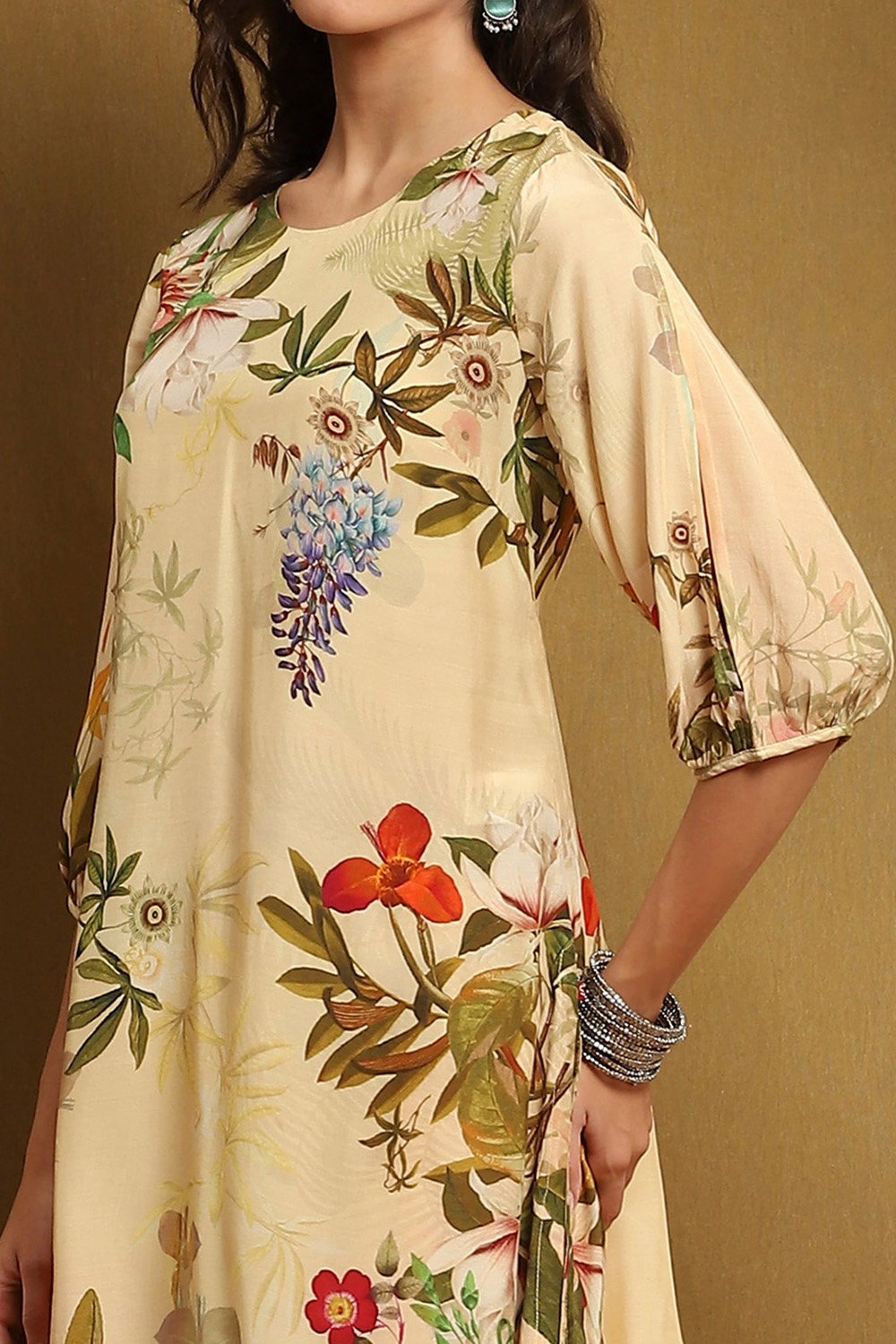 Green Modal Floral Printed Asymmetric Kurta Set image number 1
