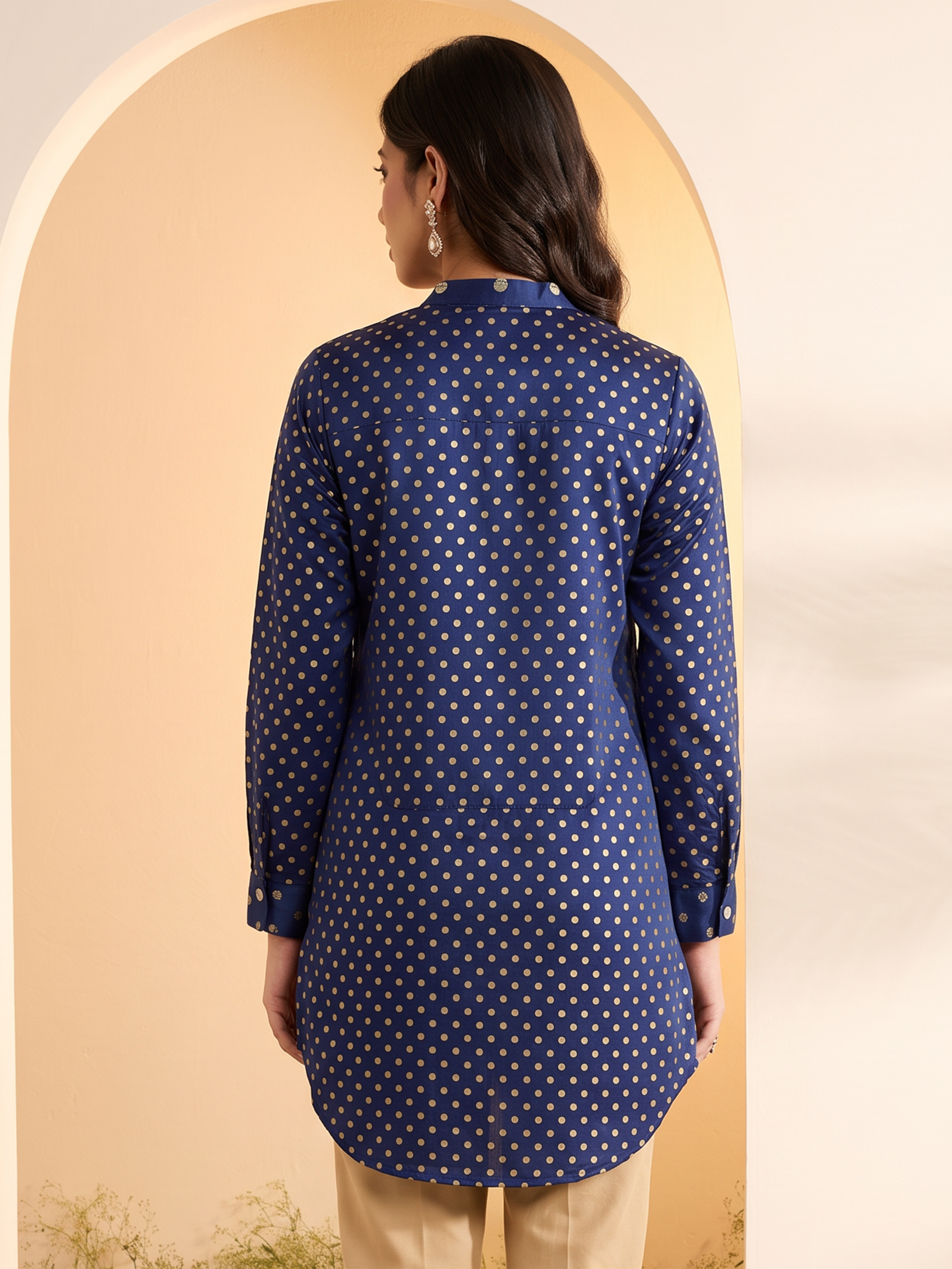 Blue Polka Dot A-Line Shirt-Style Kurti image number 4
