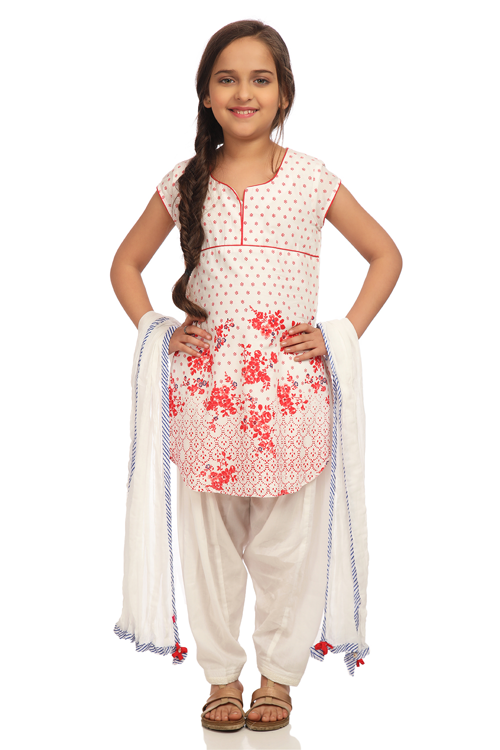 Off White And Red Straight Cotton Kurta Salwar Suit Set image number 0