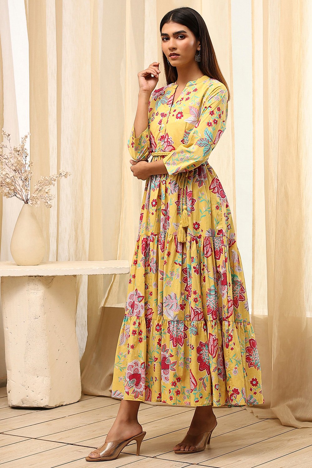 Earthy Blue Cotton Floral Tiered Dress image number 2