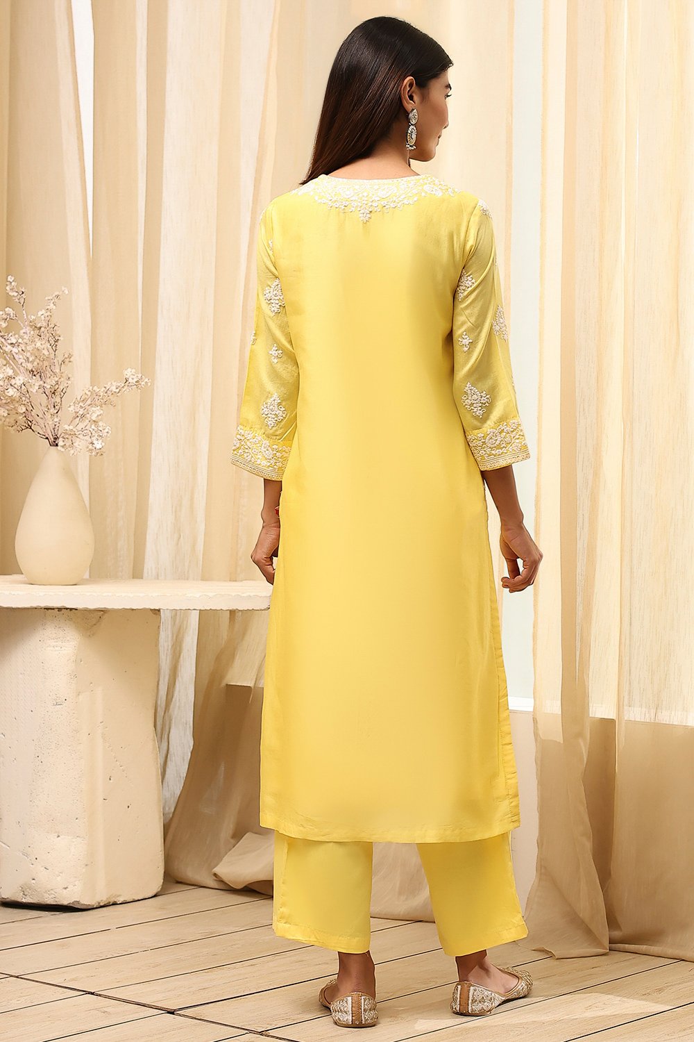 Aqua Cotton Silk Embroidered Straight Suit Set image number 5