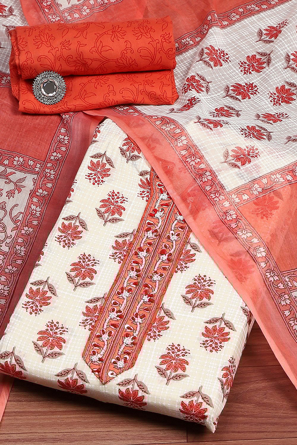 Orange Cotton Printed Embroidered Unstitched Suit Set image number 0
