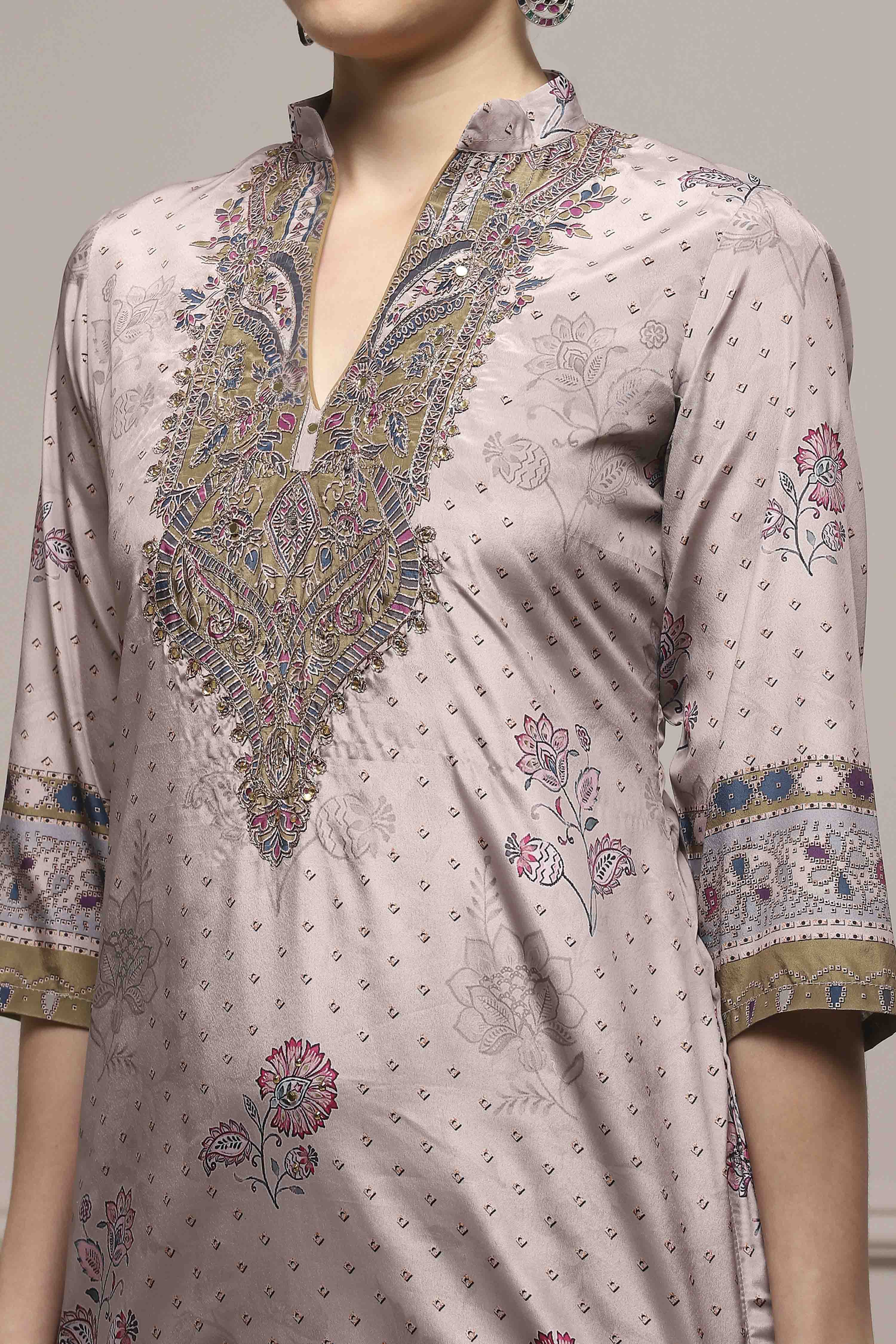 Brown Poly Crepe Digital Print Unstitched Suit Set image number 2