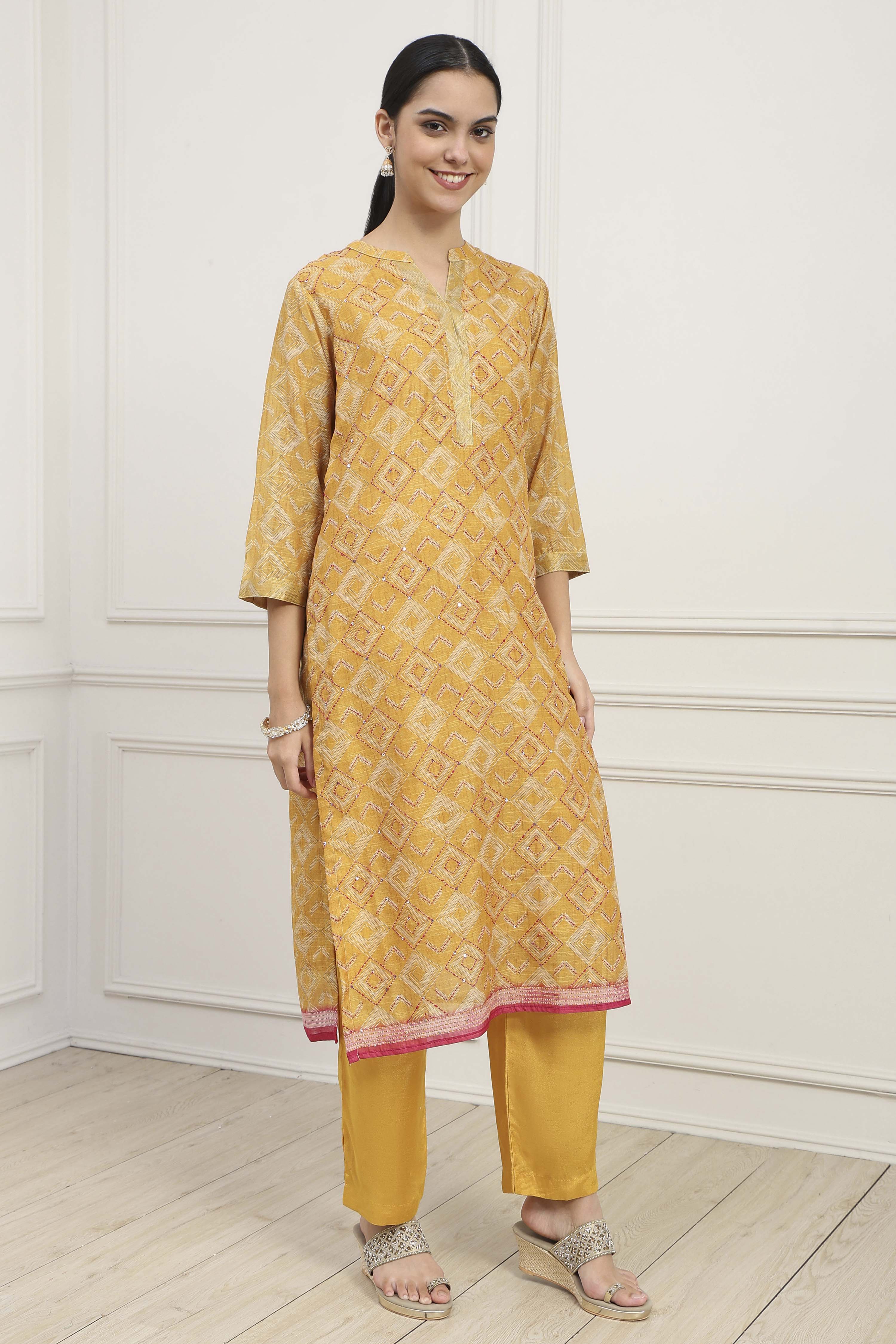 Yellow Silk Blend Printed Unstitched Suit Set image number 6