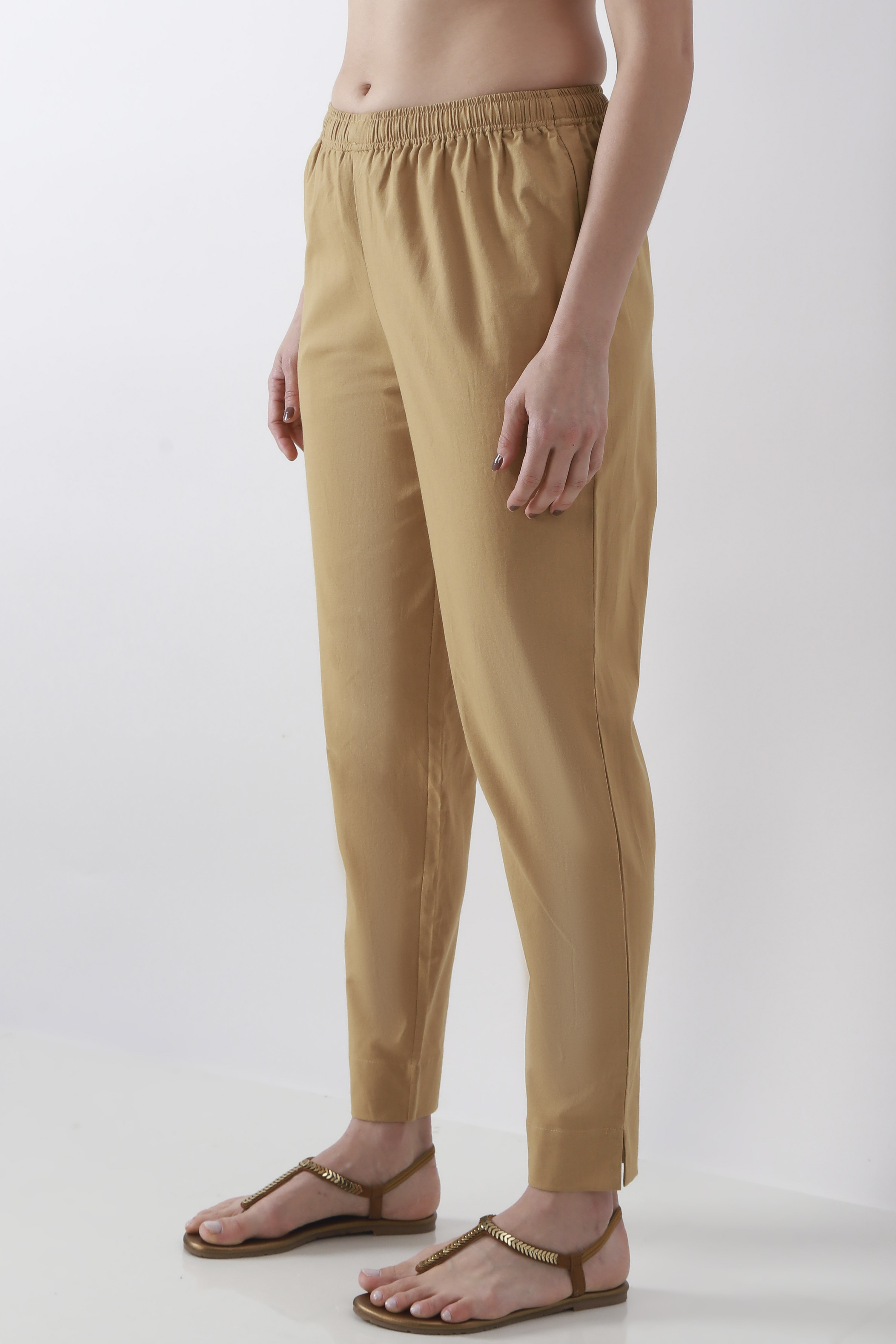 Beige Cotton Slim Pants image number 2