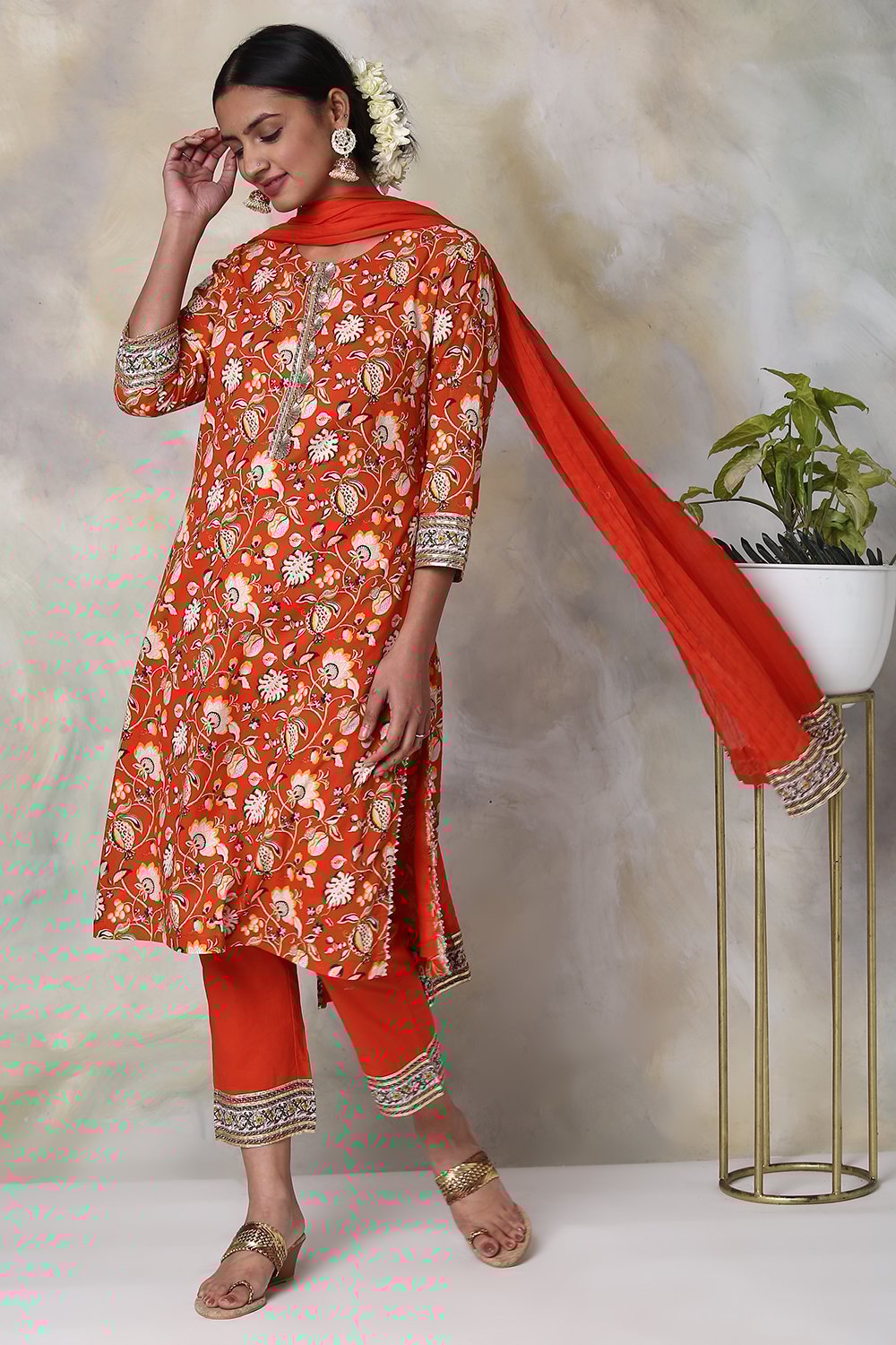 Saffron Cotton Straight Kurta Palazzo Suit Set image number 5