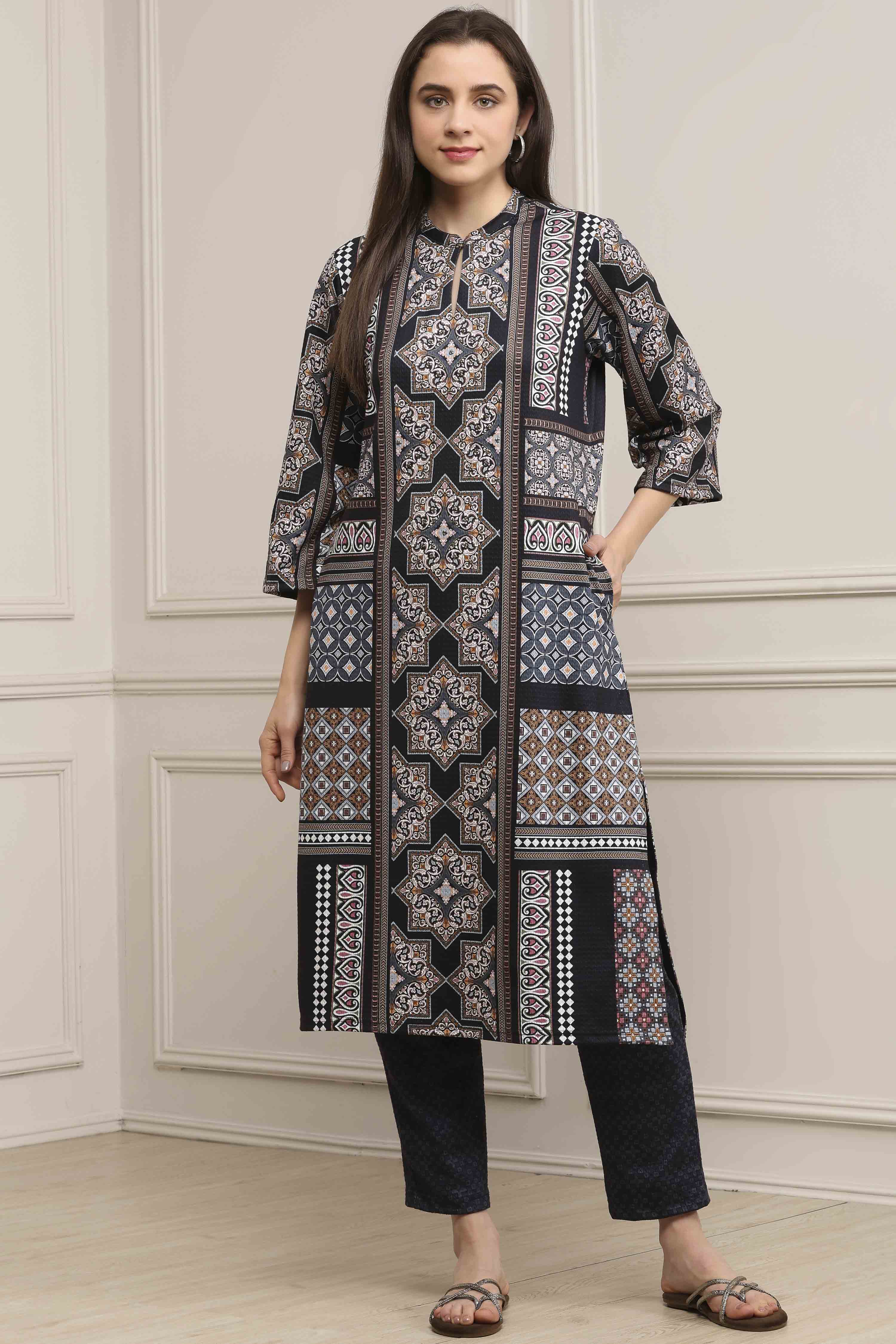 Black Polyester Printed Straight Kurta Pants Set image number 6