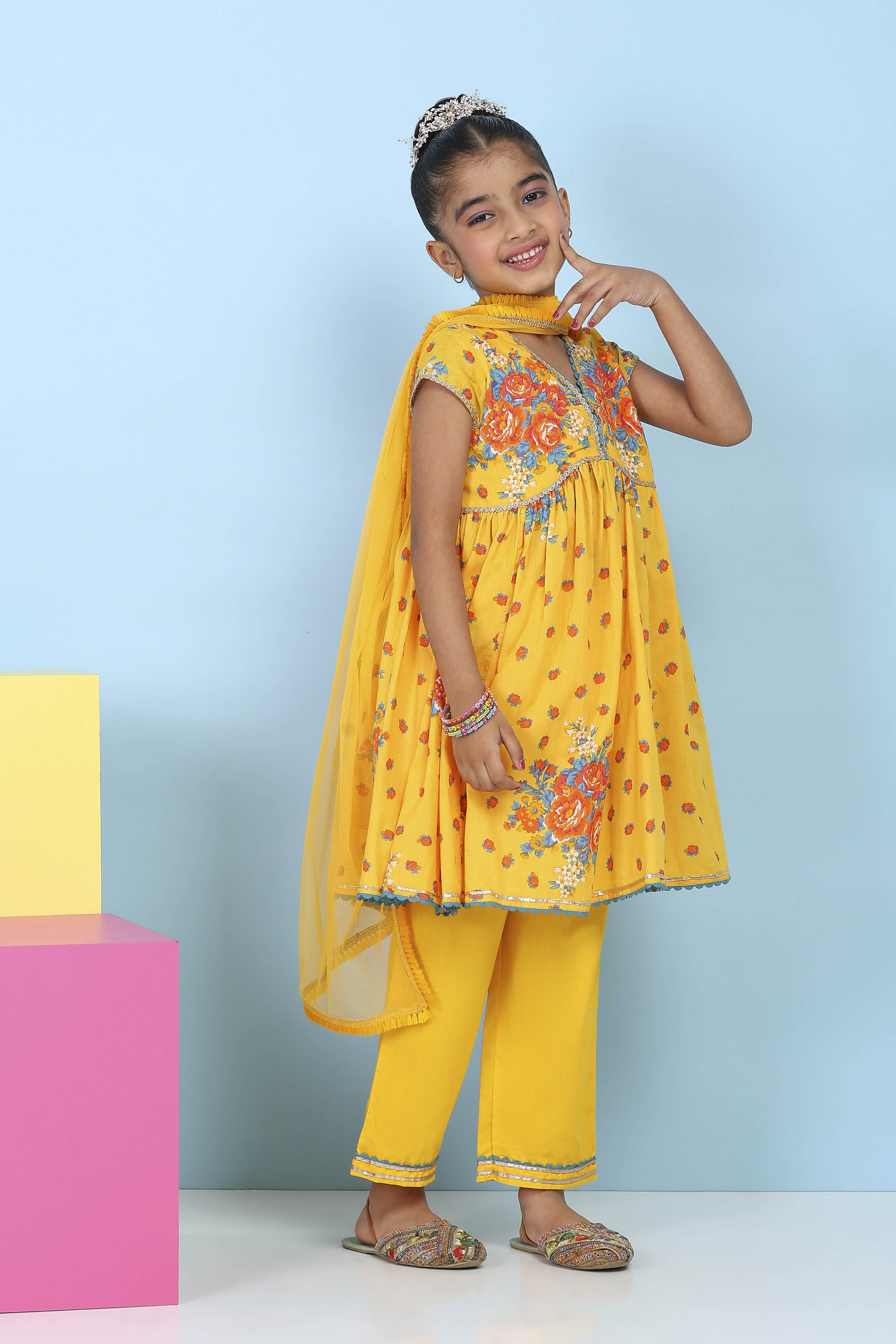 Yellow Cotton Floral Printed Anarkali Suit Set image number 5