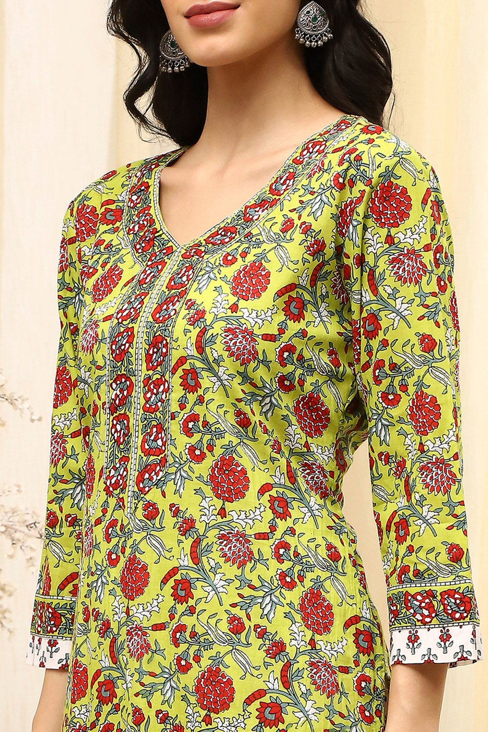Lime Green and White Cotton Screen Print Unstitched Suit Set image number 2