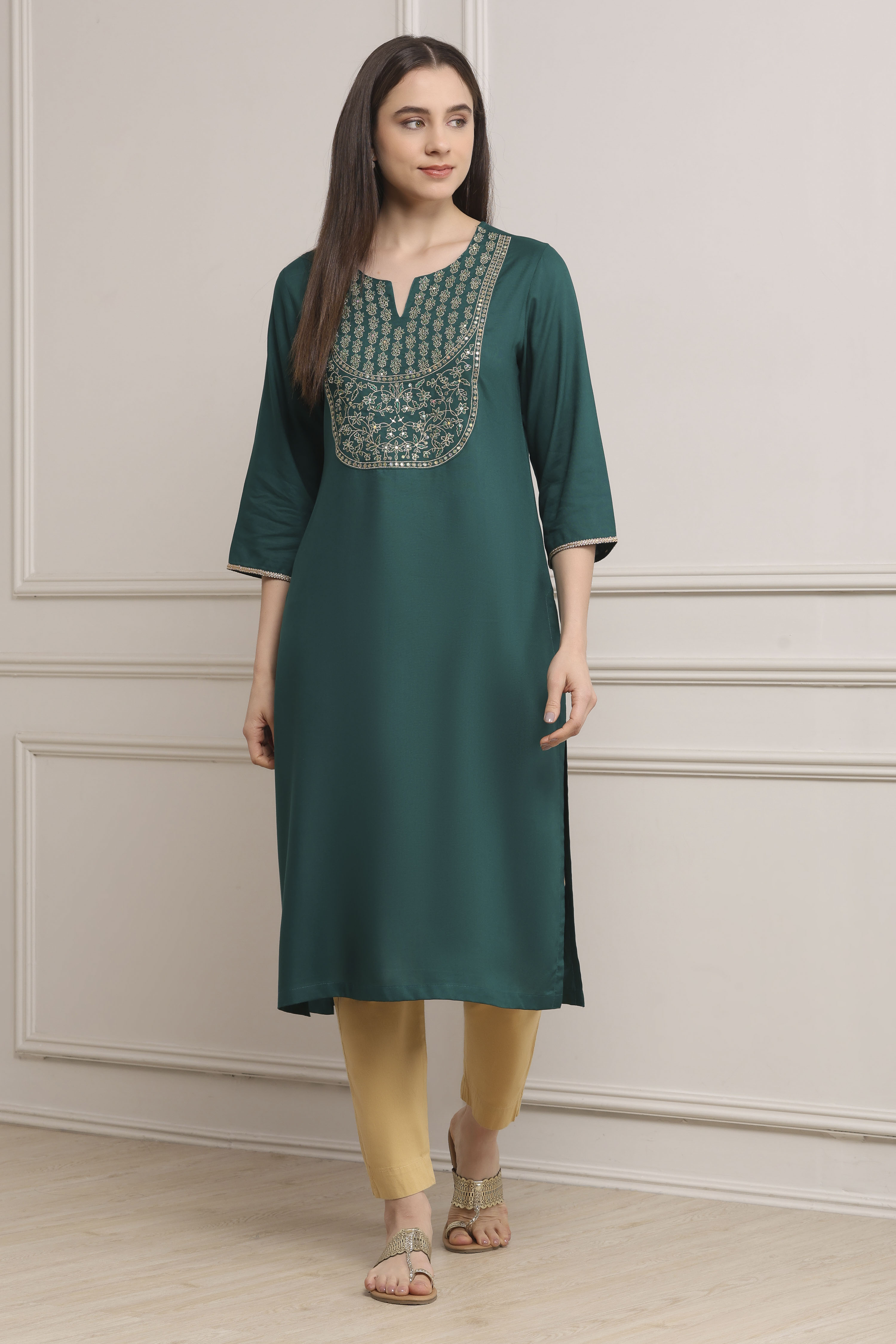 Teal Green Solid Straight Kurta image number 5