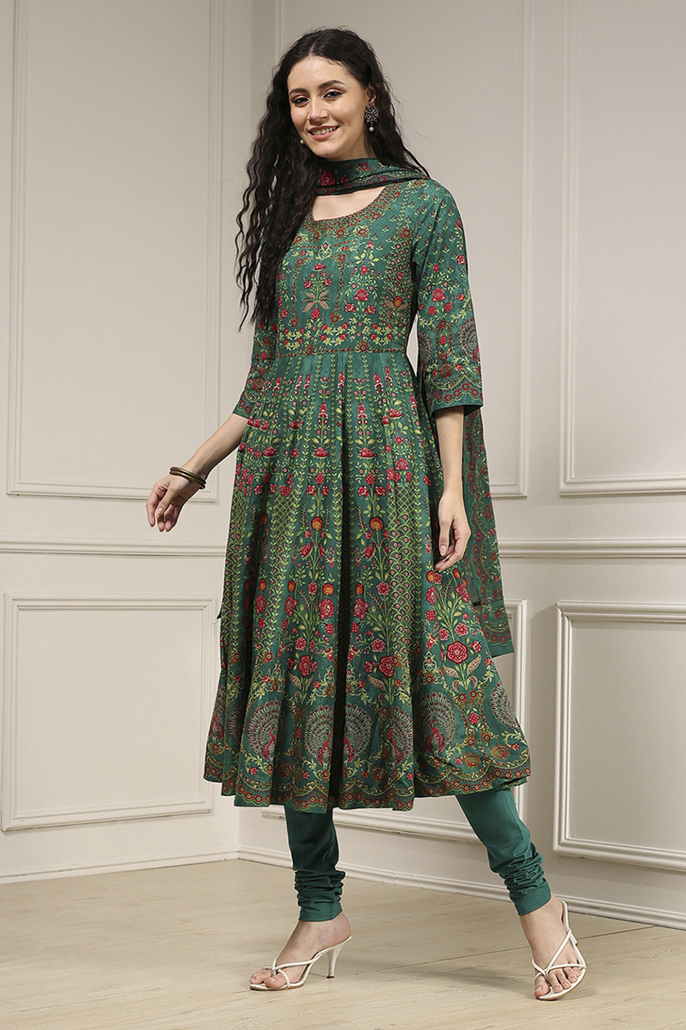 Off White Cotton Anarkali Printed Lehenga Set image number 3