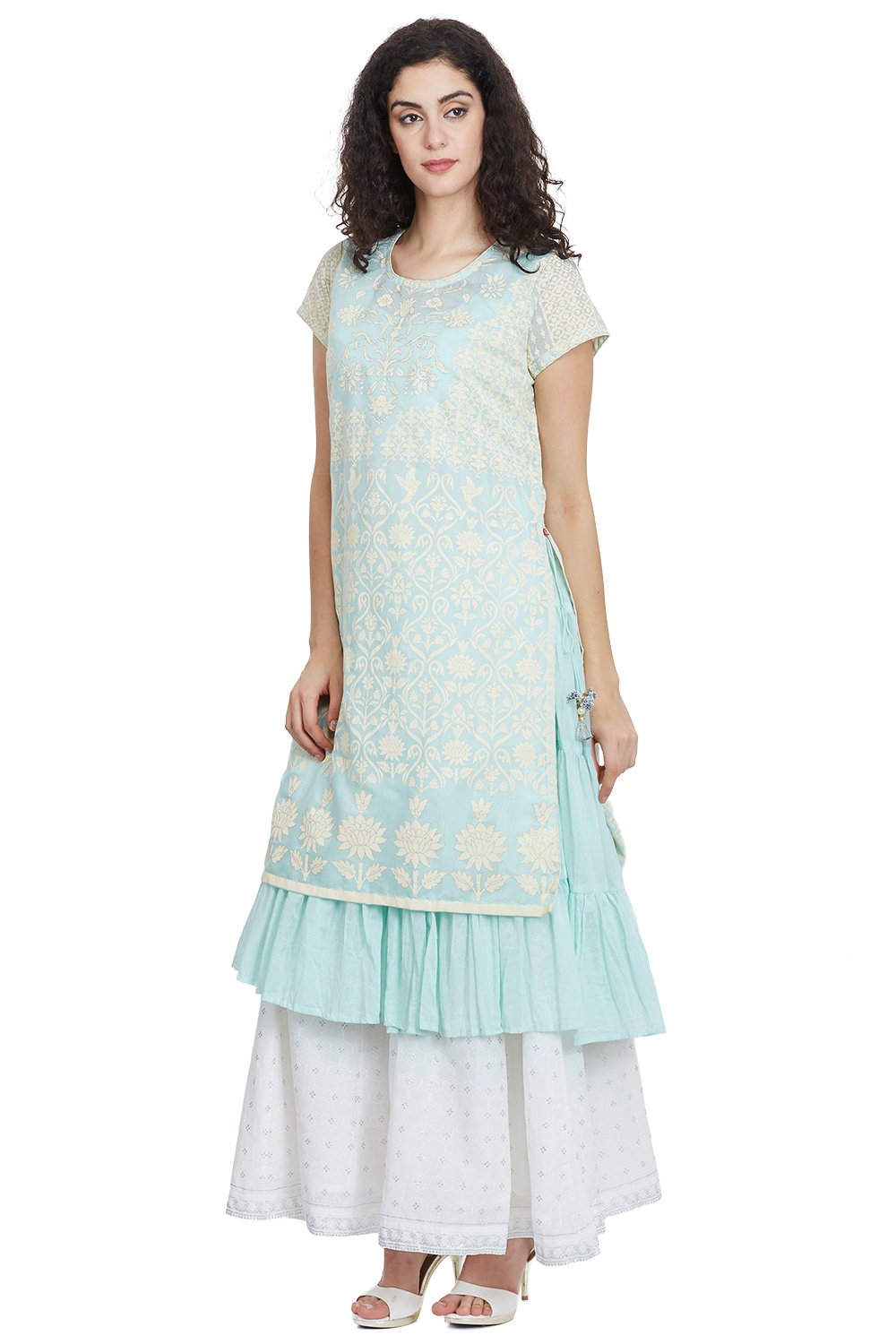 Yellow Flared Art Silk Printed Kurta image number 3