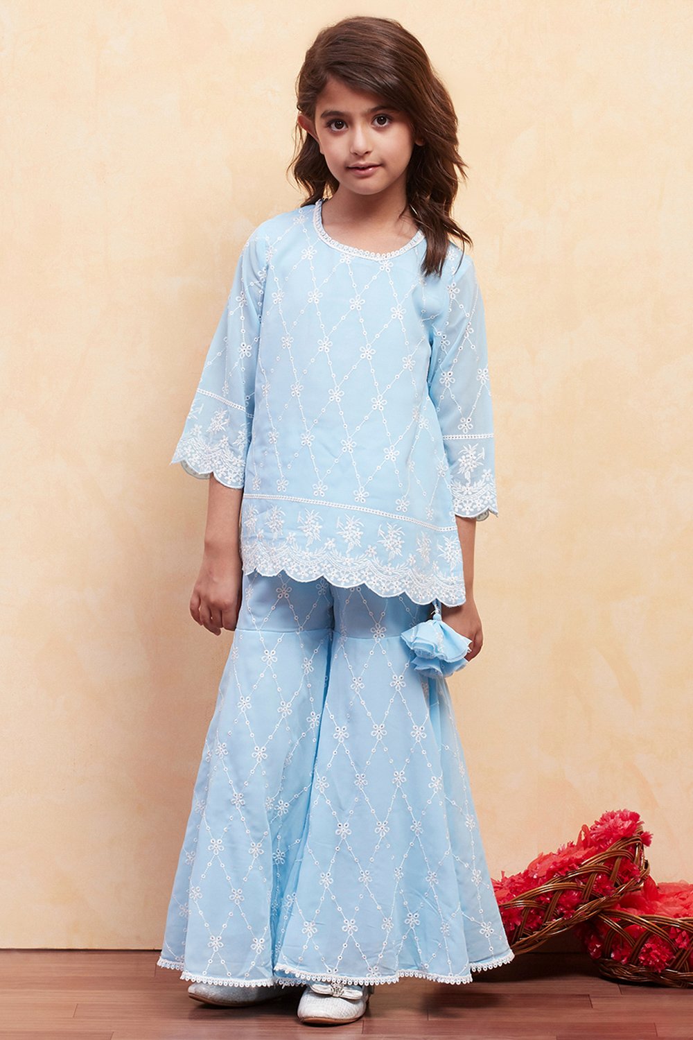 Powder Blue Polyester Sharara Suit Set image number 6