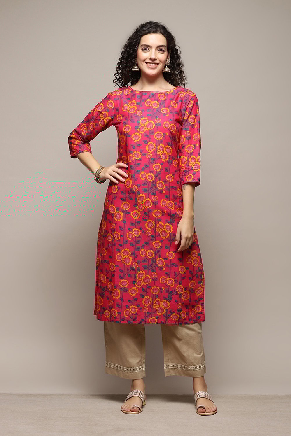 Fuchsia Cotton Straight Printed Kurta image number 5
