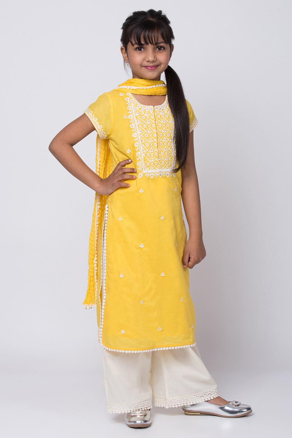 Yellow Cotton Chikankari Straight Kurta Palazzo Suit Set image number 3