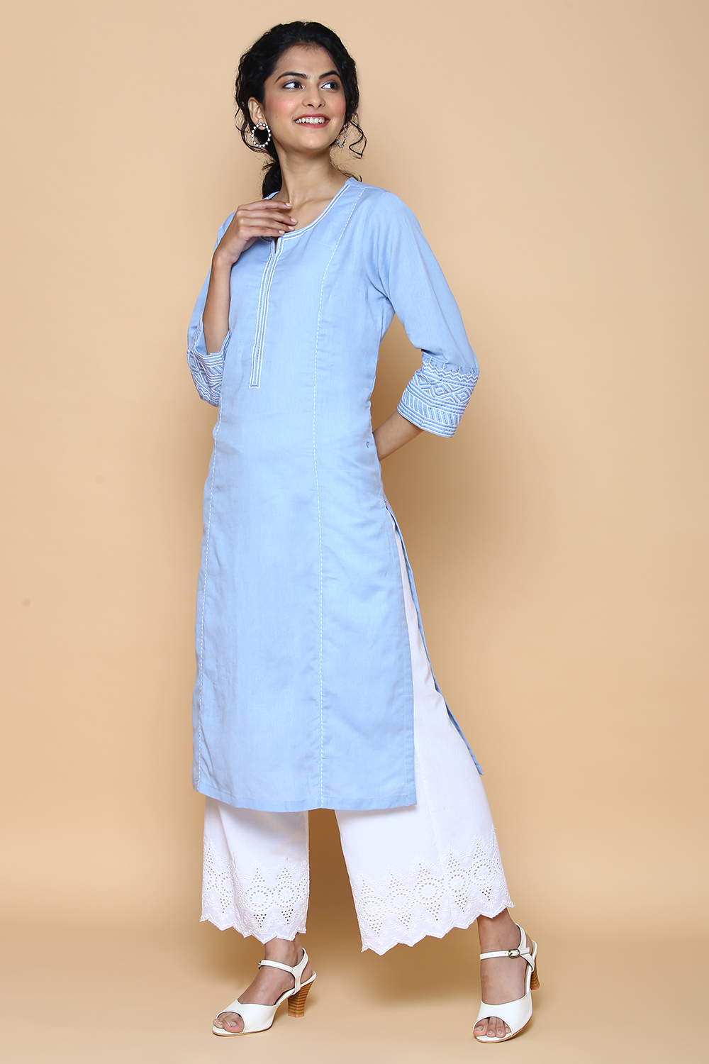 Peach Blue Cotton Linen Kurta image number 4