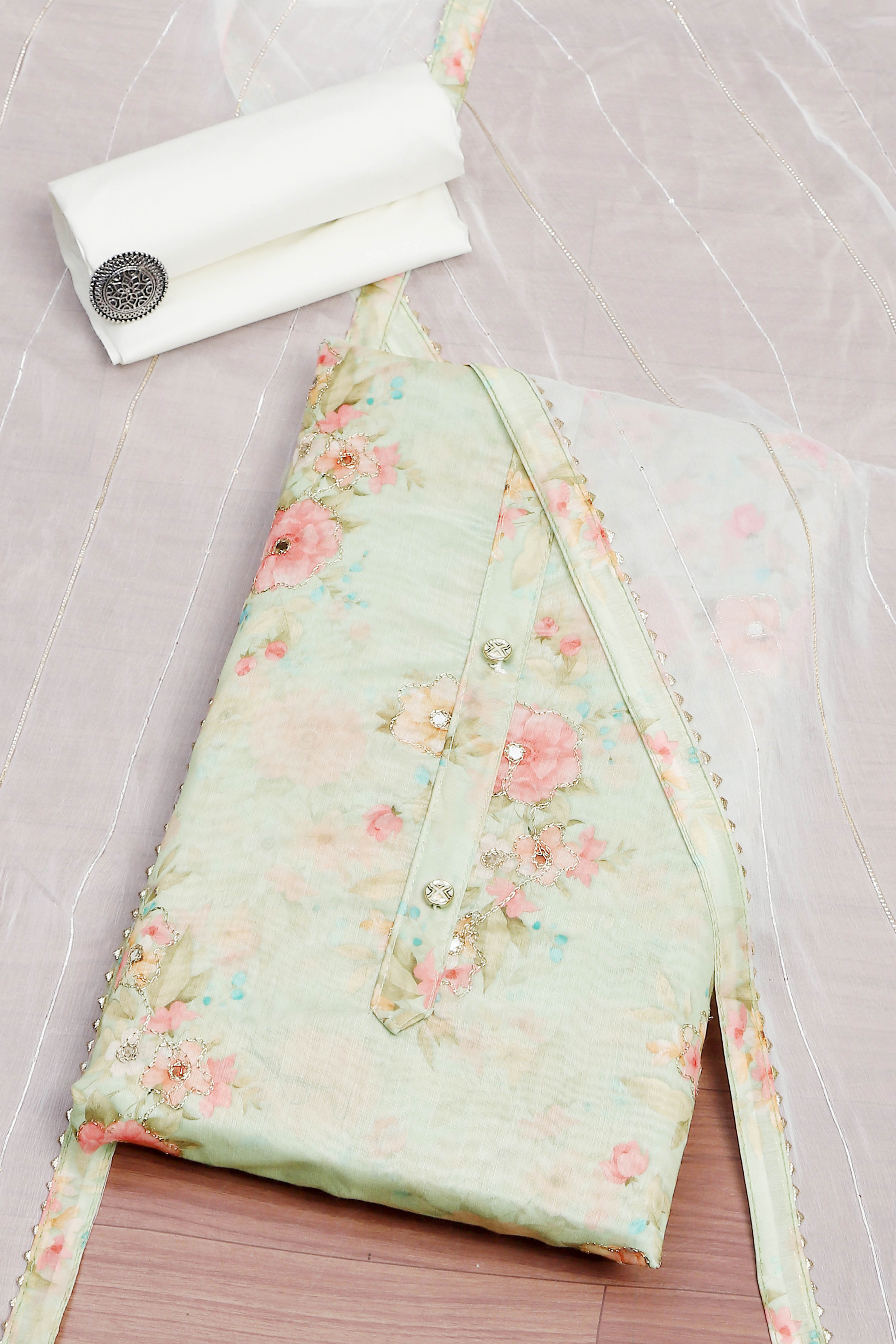 Peach Chanderi  Printed Unstitched Suit Set image number 3