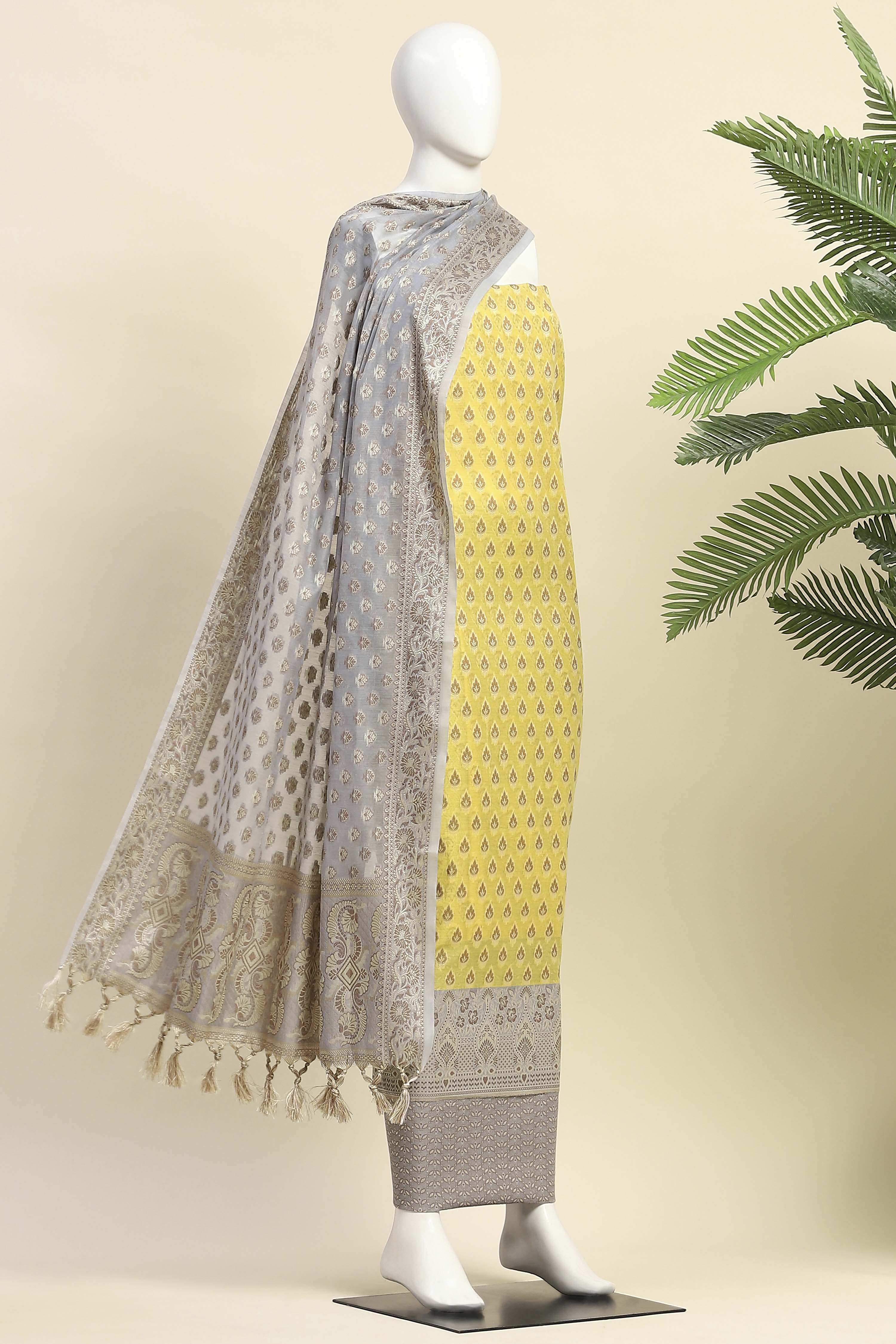Mehendi Cotton Printed Embroidered Unstitched Suit Set image number 4