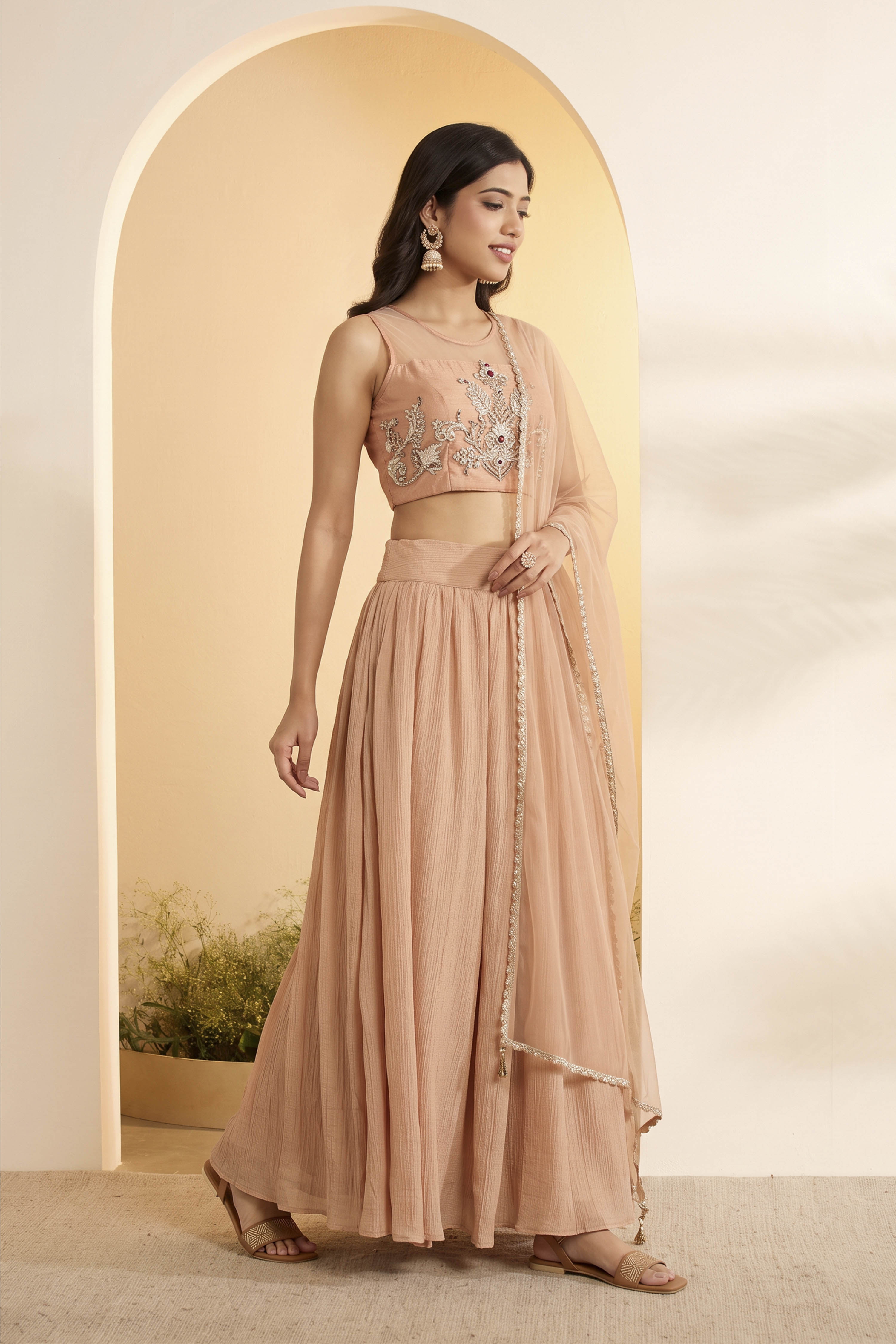 Peach Nylon Straight Lehenga Set image number 3