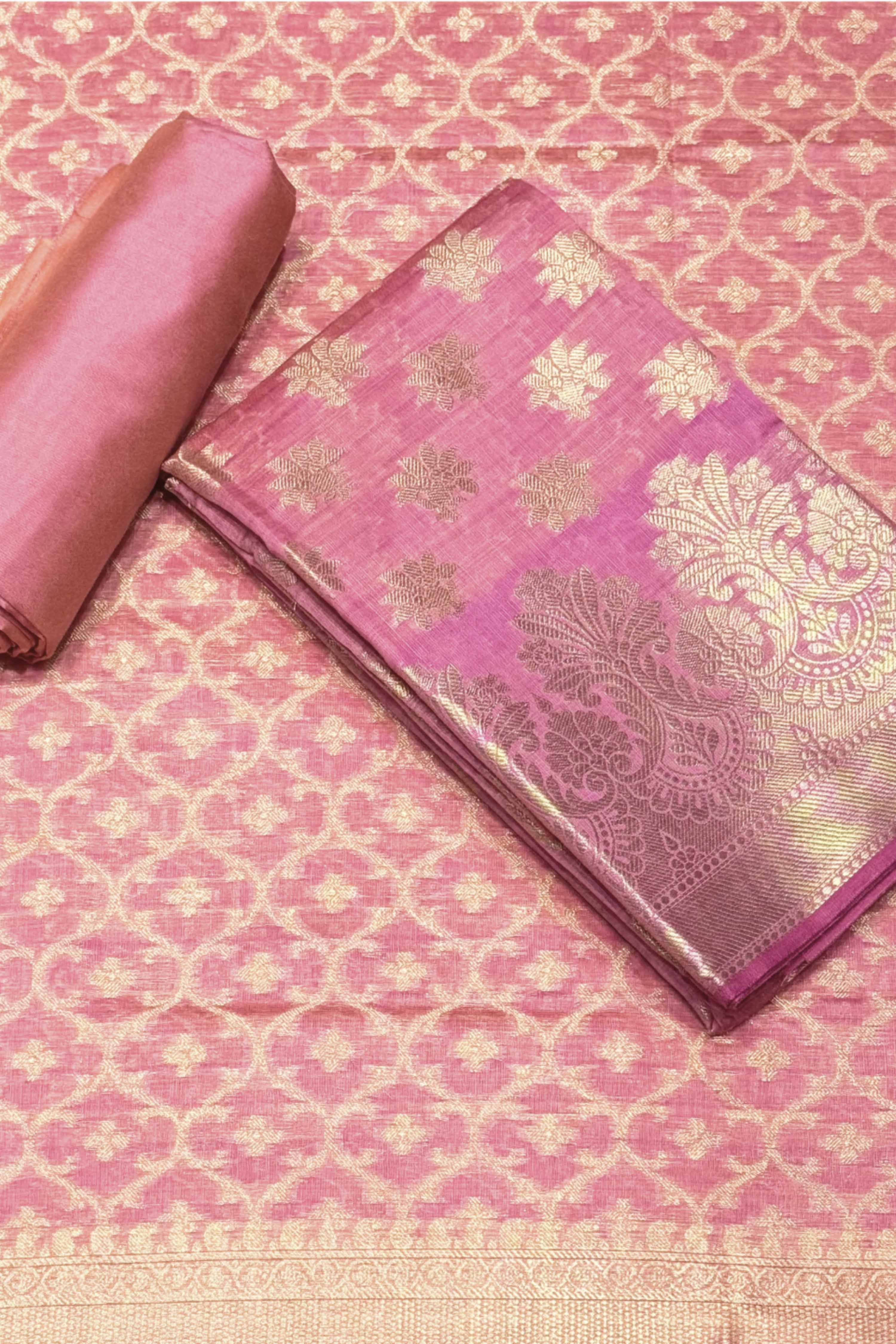 Pink Chanderi Silk Printed Unstitched Suit Set image number 0