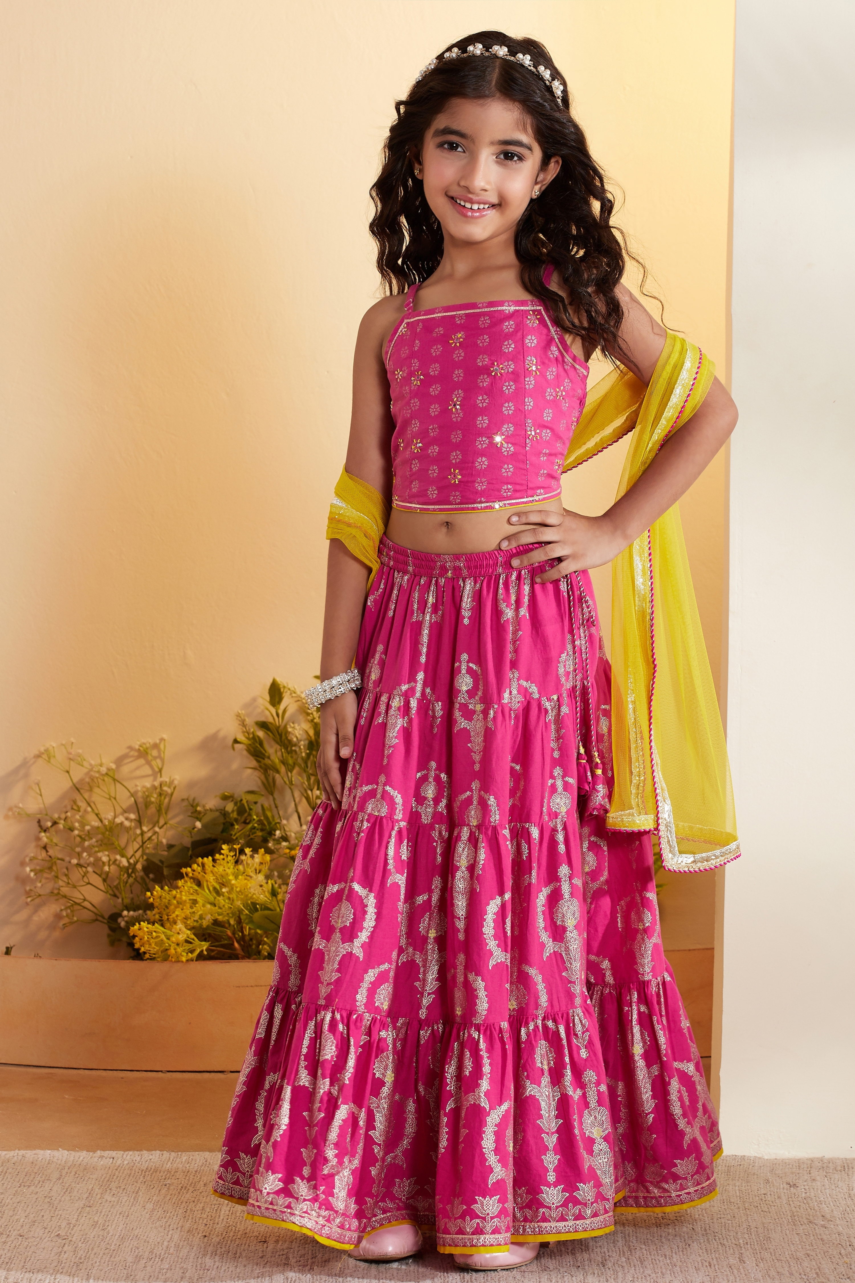 Pink Cotton Printed Tiered Lehenga Set image number 6