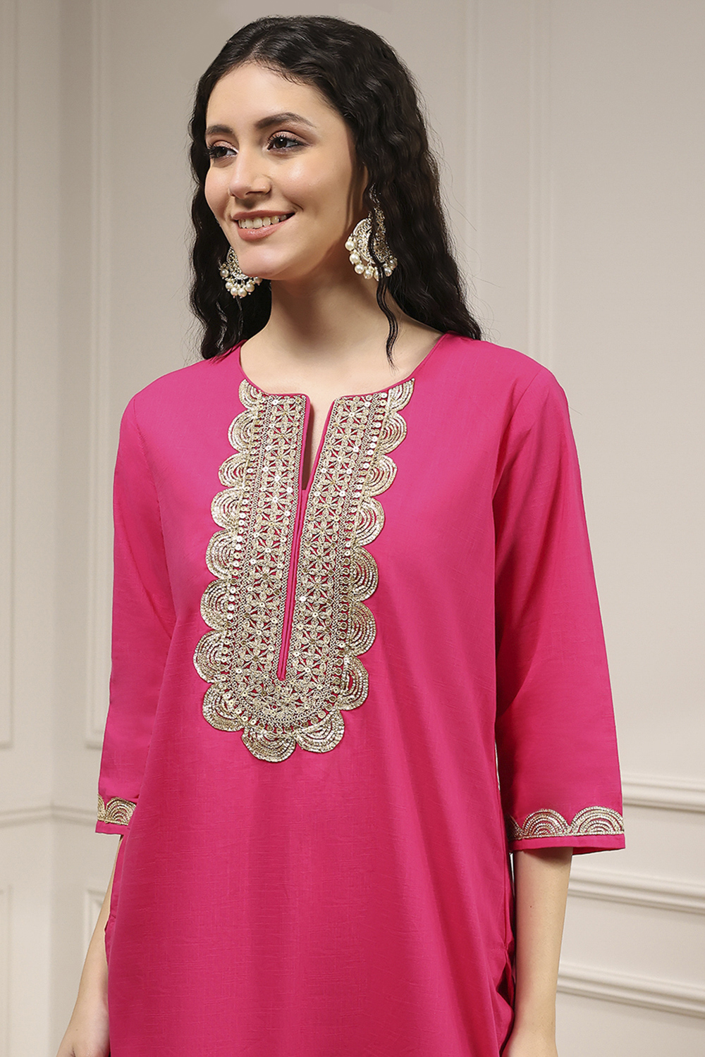 Fuchsia Cotton Straight Solid Kurta image number 1