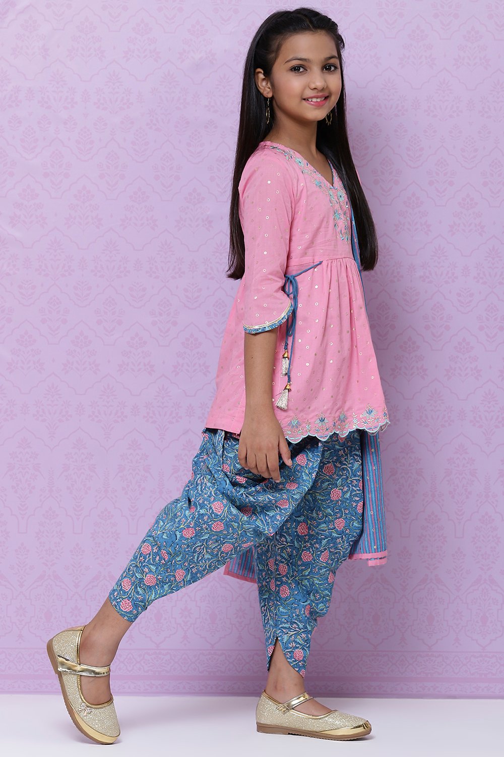Pink Cotton Straight Kurta Dhoti Salwar Suit Set image number 3