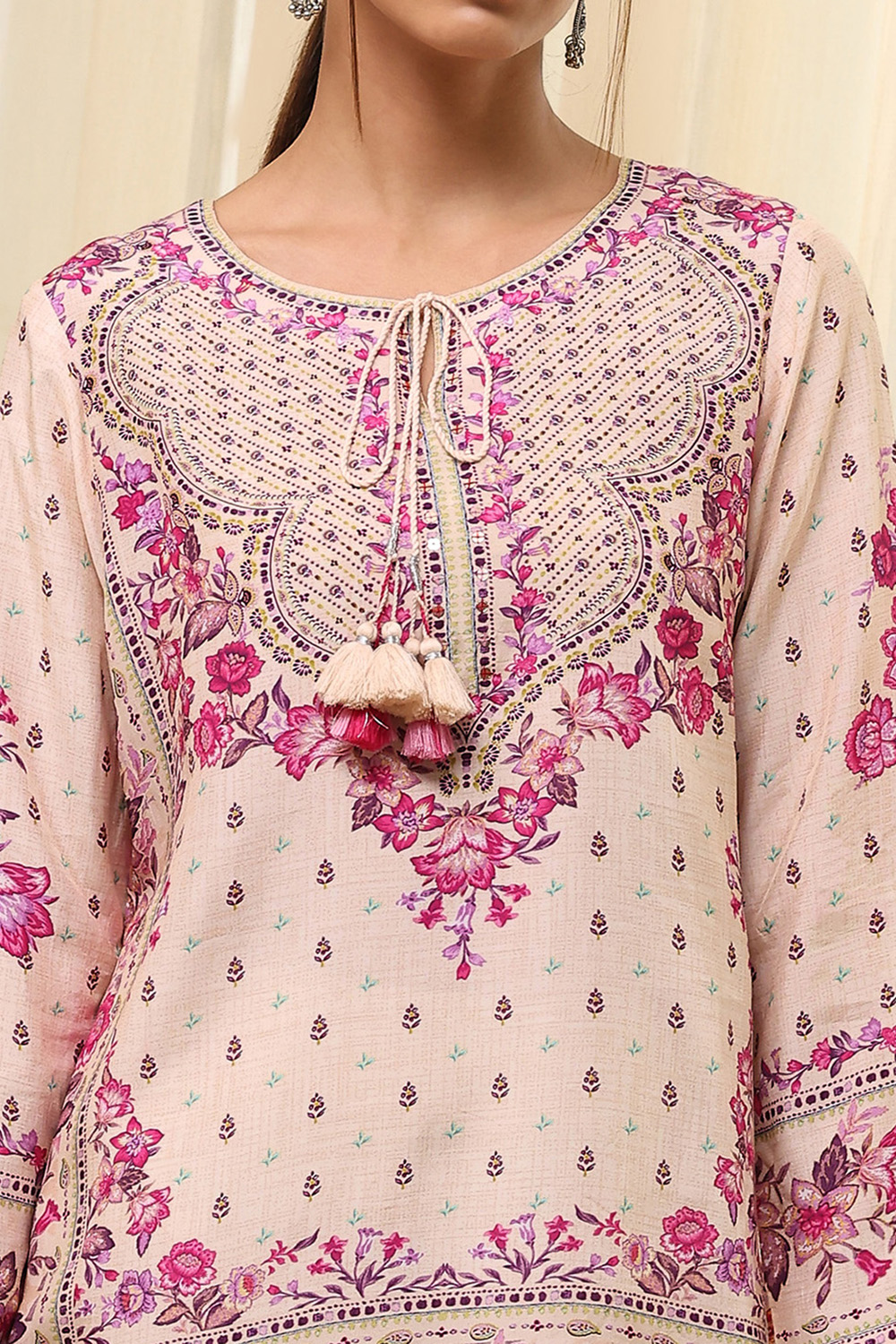 Off-White-Pink Modal Blend Straight Printed Short Kurta image number 1
