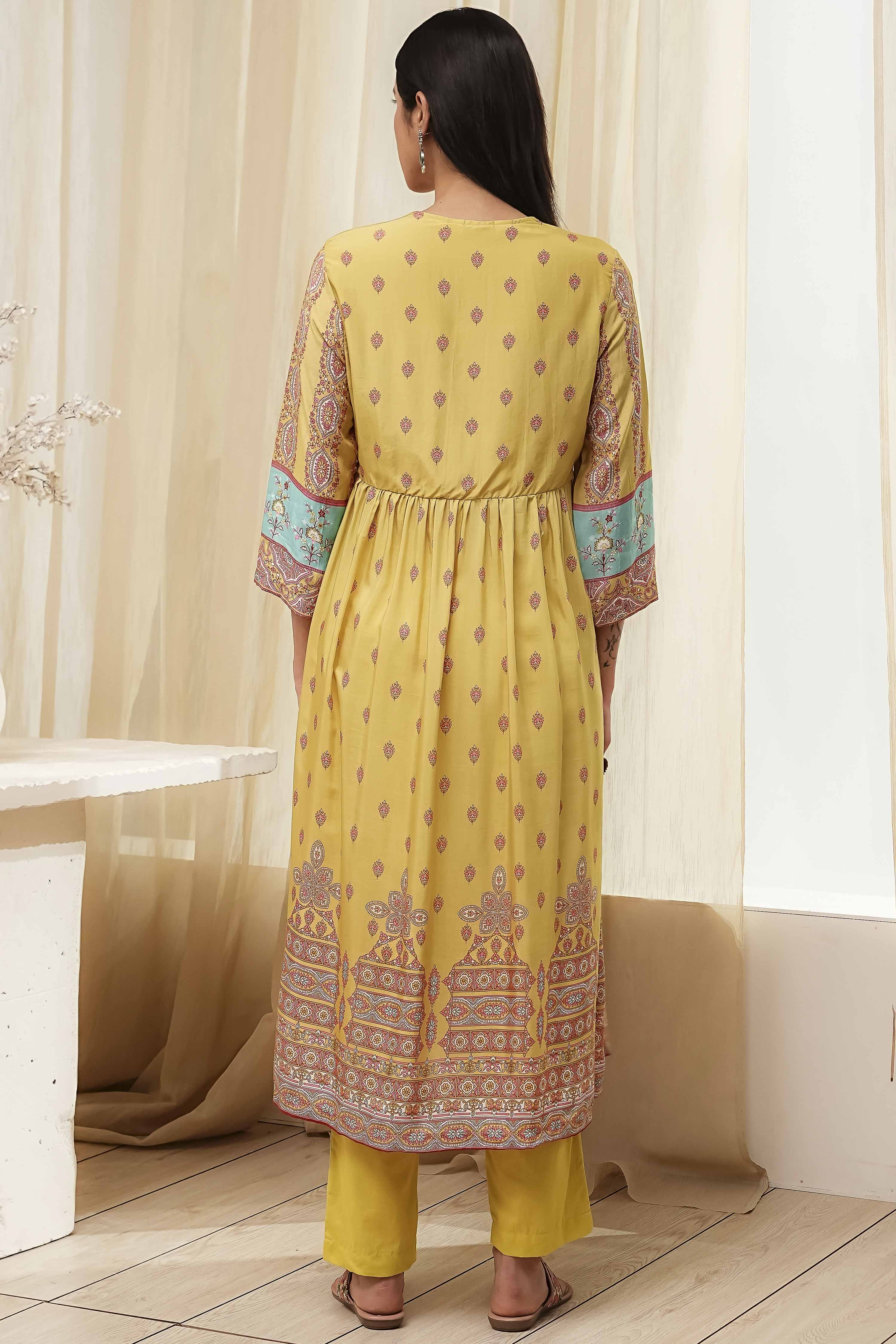 Green Modal Printed Gathered Kurta Set image number 3