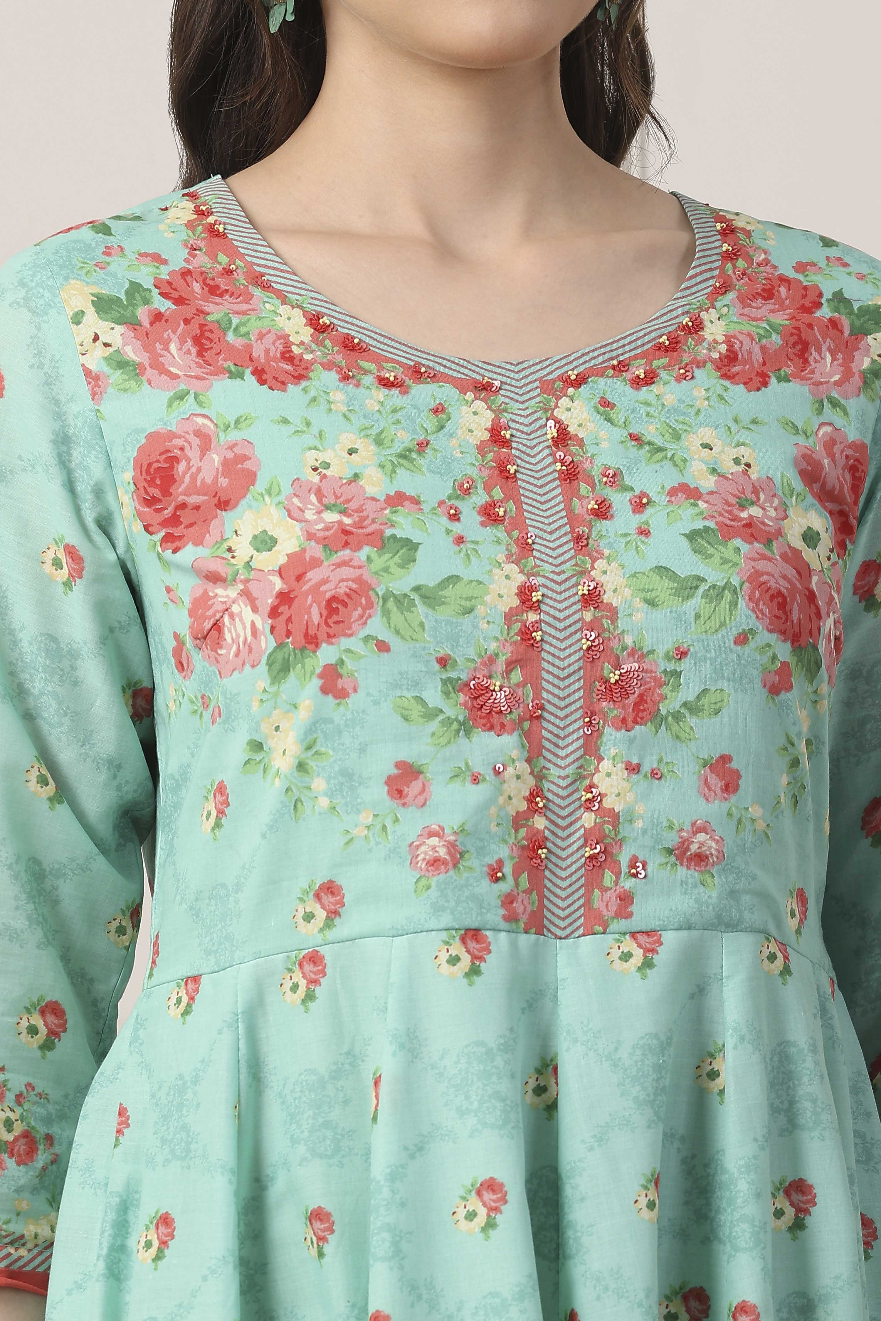 Blue Cotton All-Over Floral Kalidar Suit Set image number 1