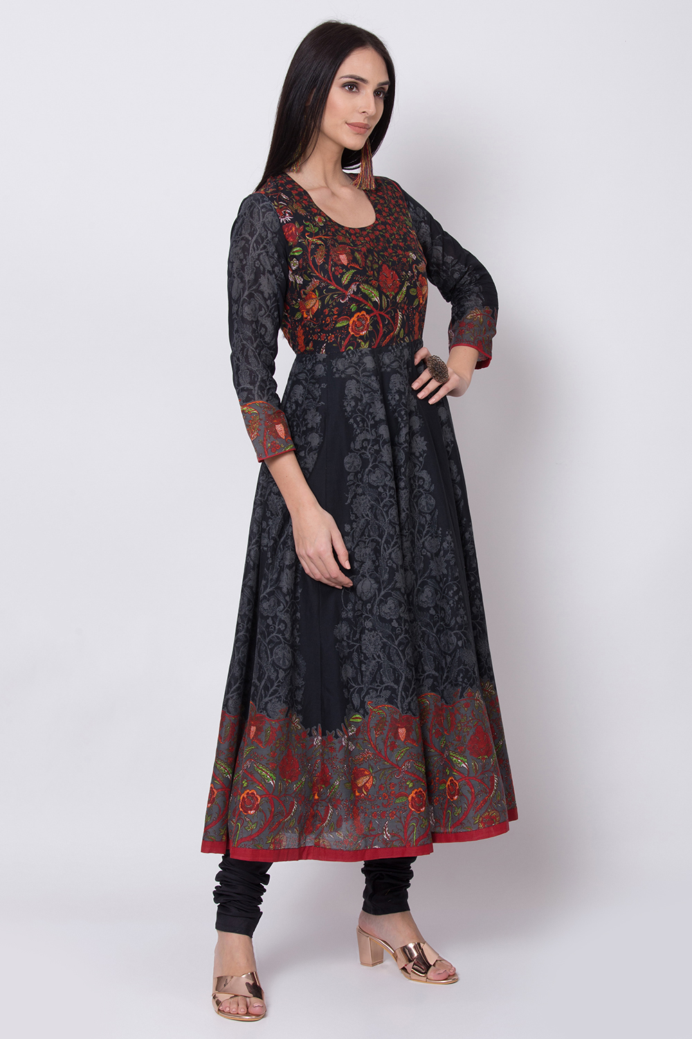 Black Cotton Anarkali Kurta Churidar Suit Set image number 4