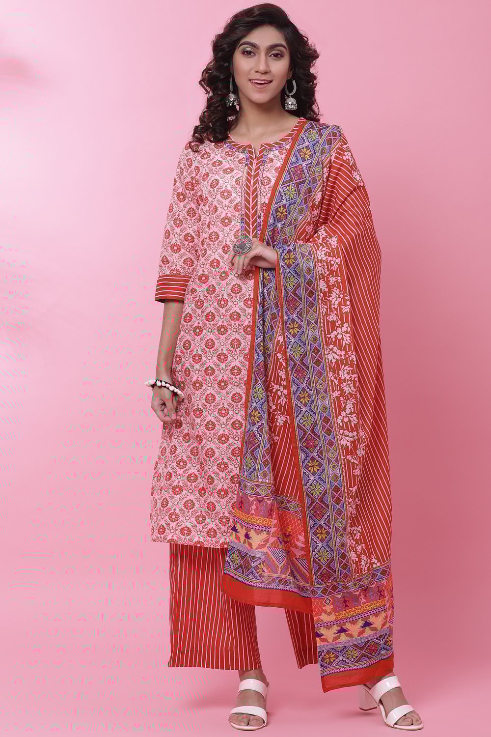 Red Cotton Straight Kurta Palazzo Suit Set image number 0