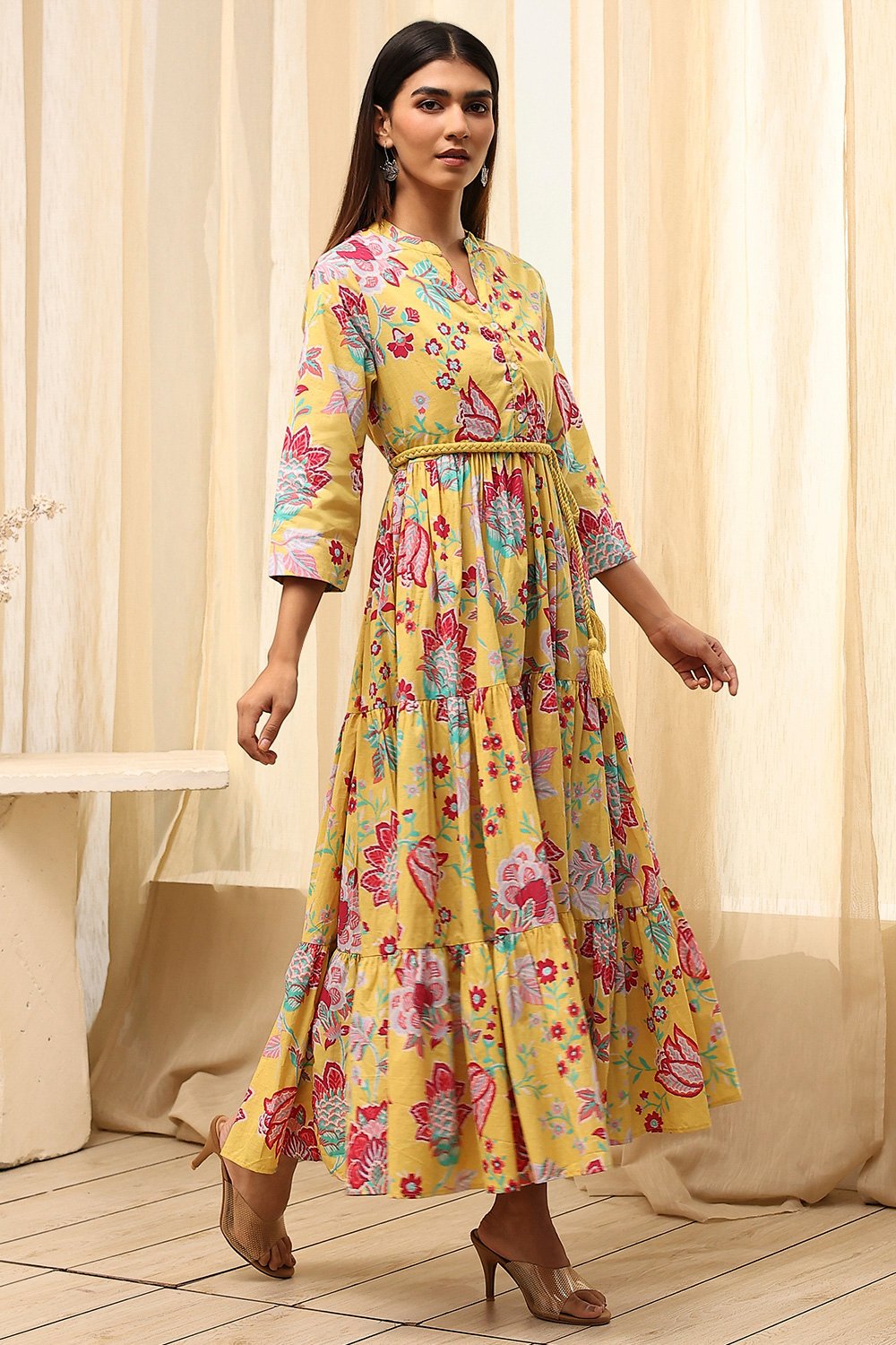 Earthy Blue Cotton Floral Tiered Dress image number 3