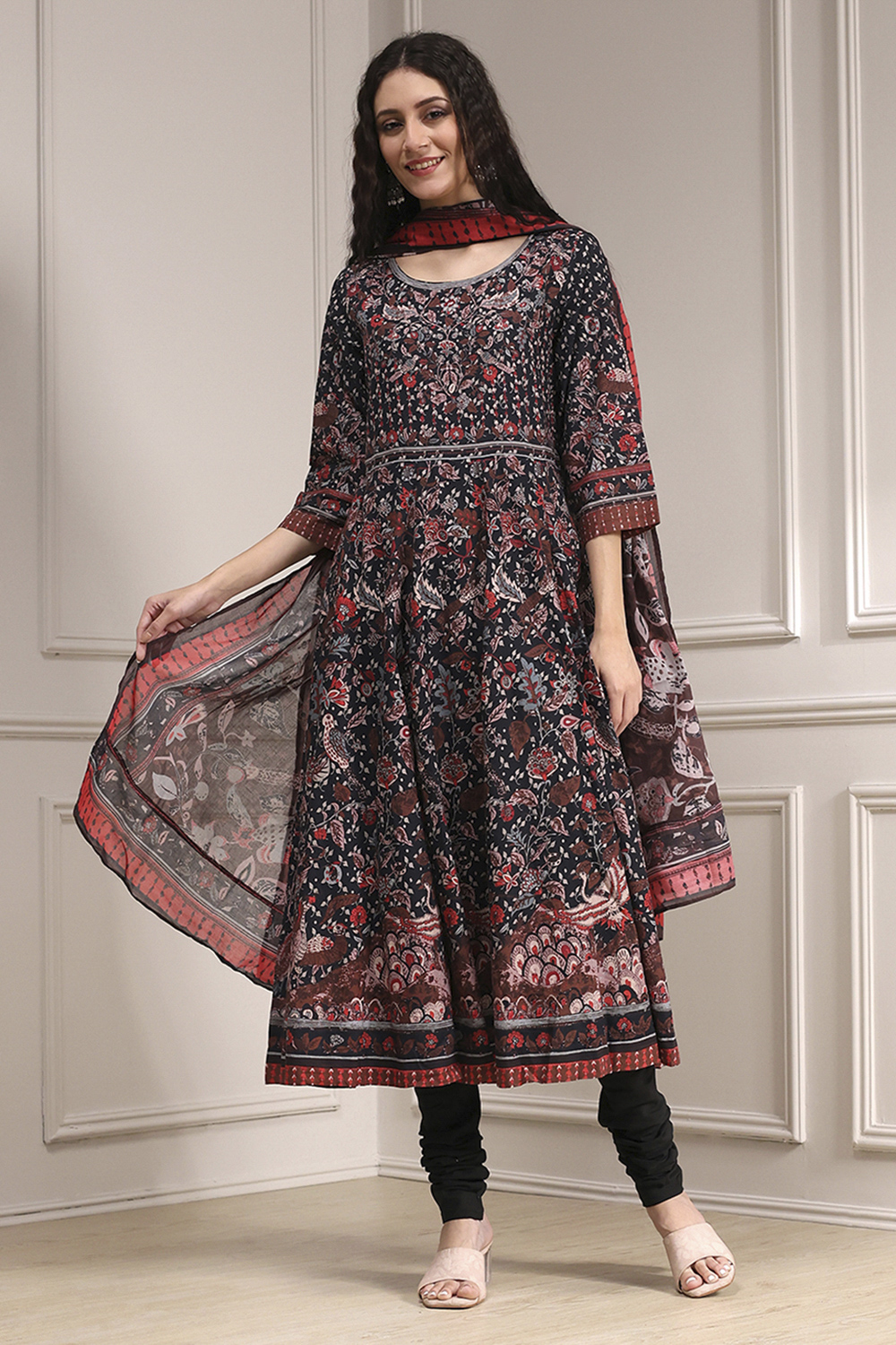 Black Cotton Fitted Anarkali Suit Set image number 6