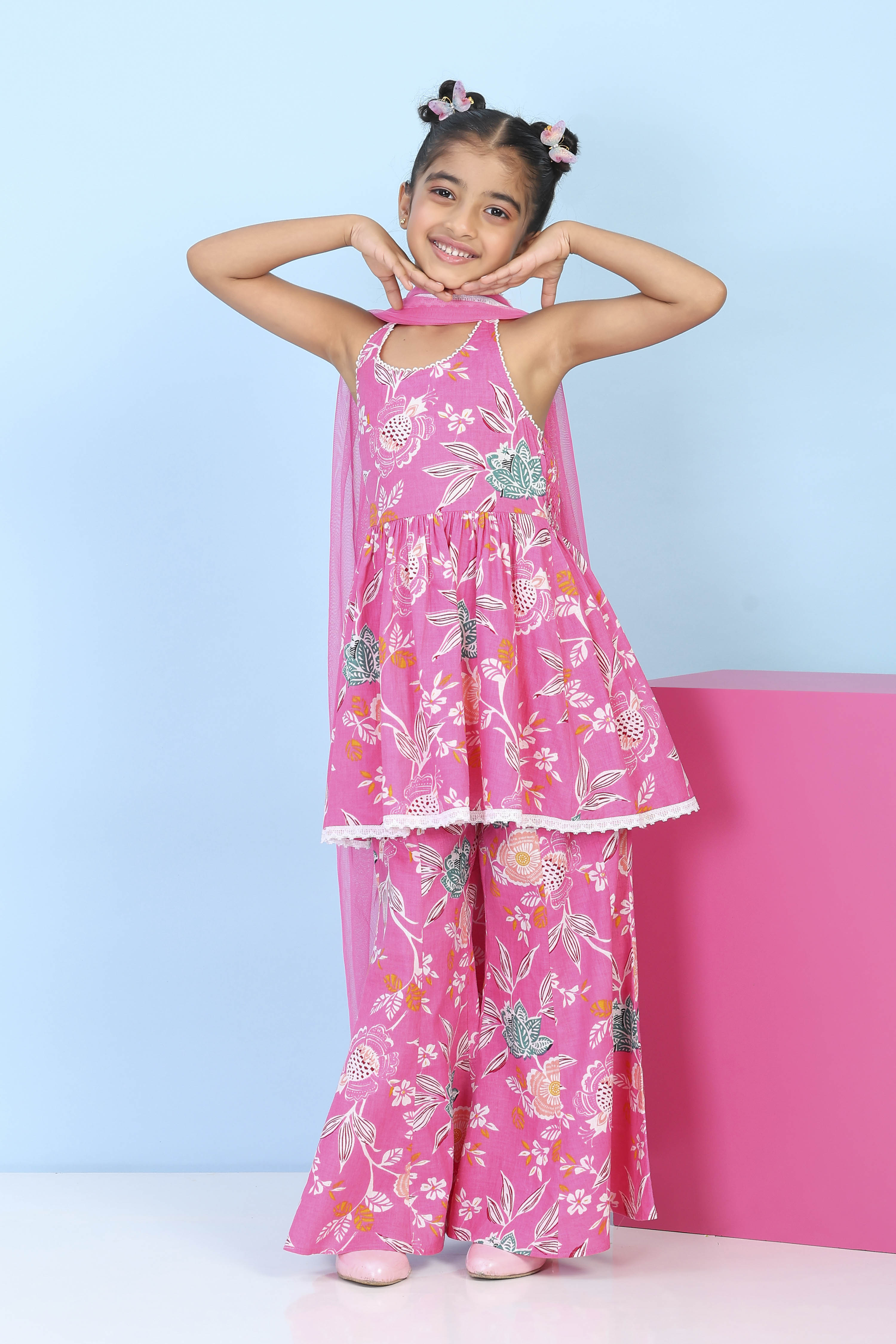 Pink Cotton Printed Gathered Suit Set image number 0
