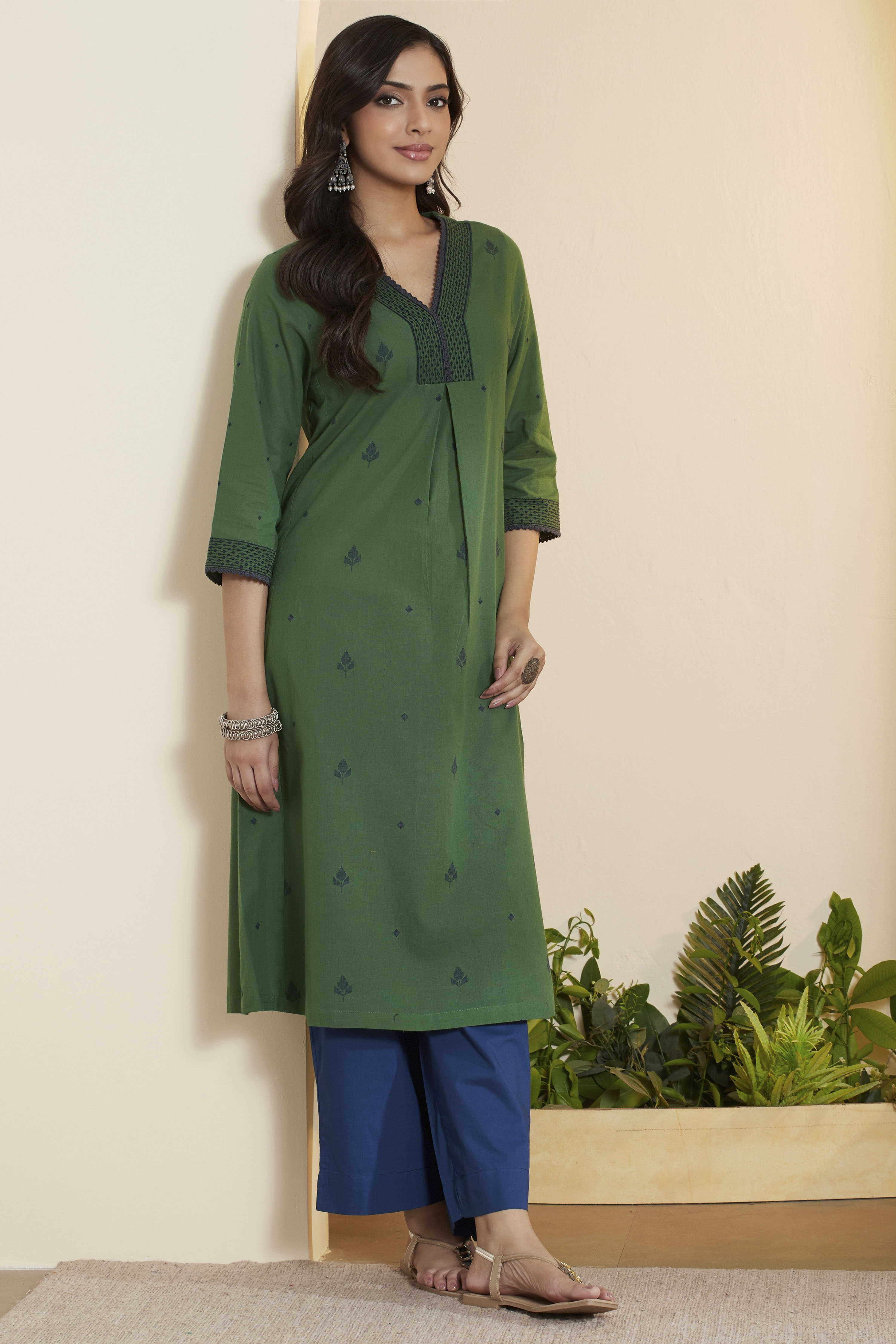 Green Cotton Printed Straight Kurta image number 4