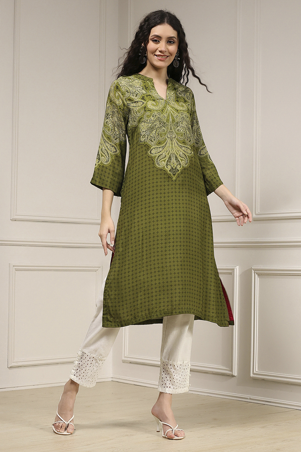 Olive Green Printed Straight Kurta image number 4