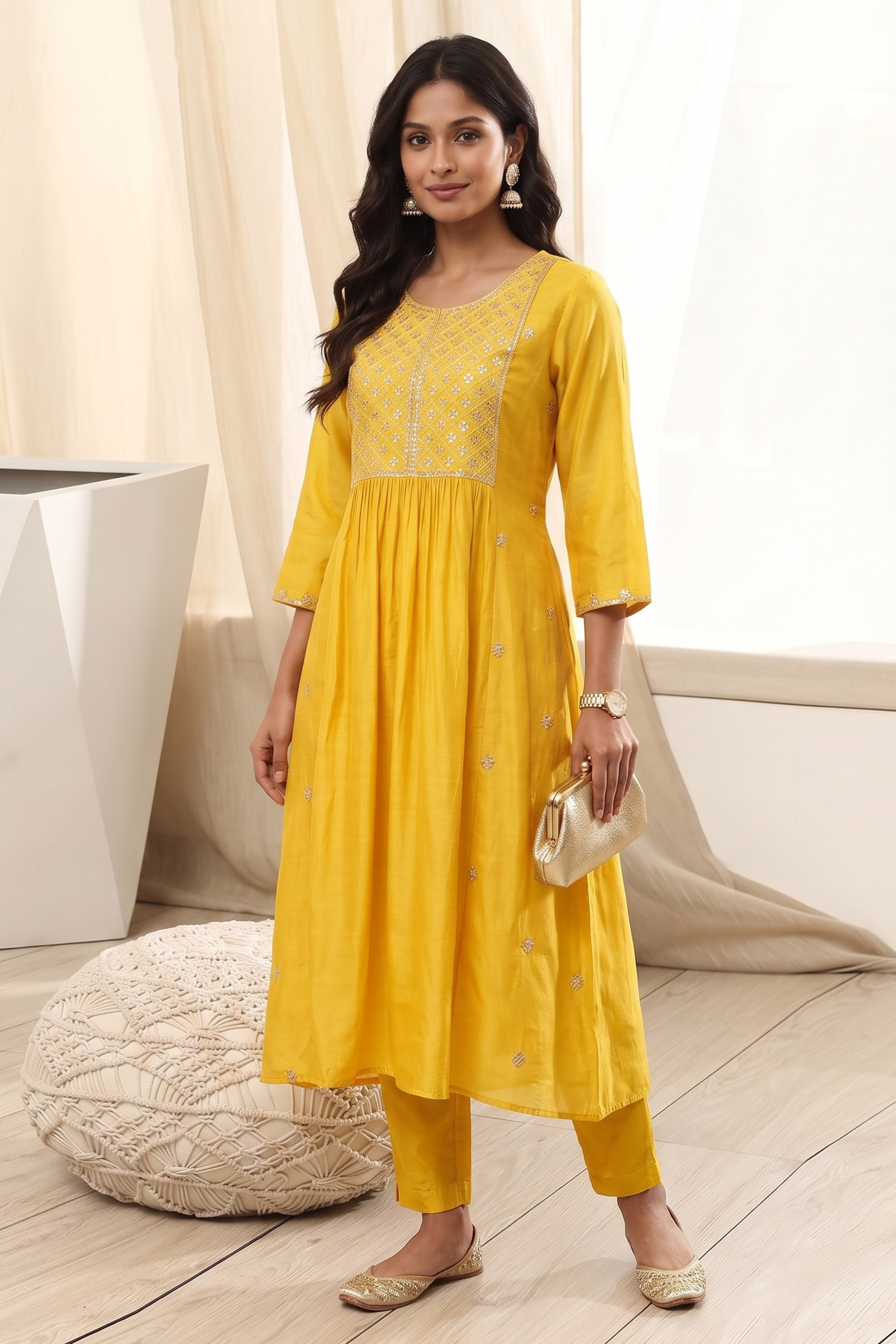 Yellow Polyester A Line Kurta image number 0