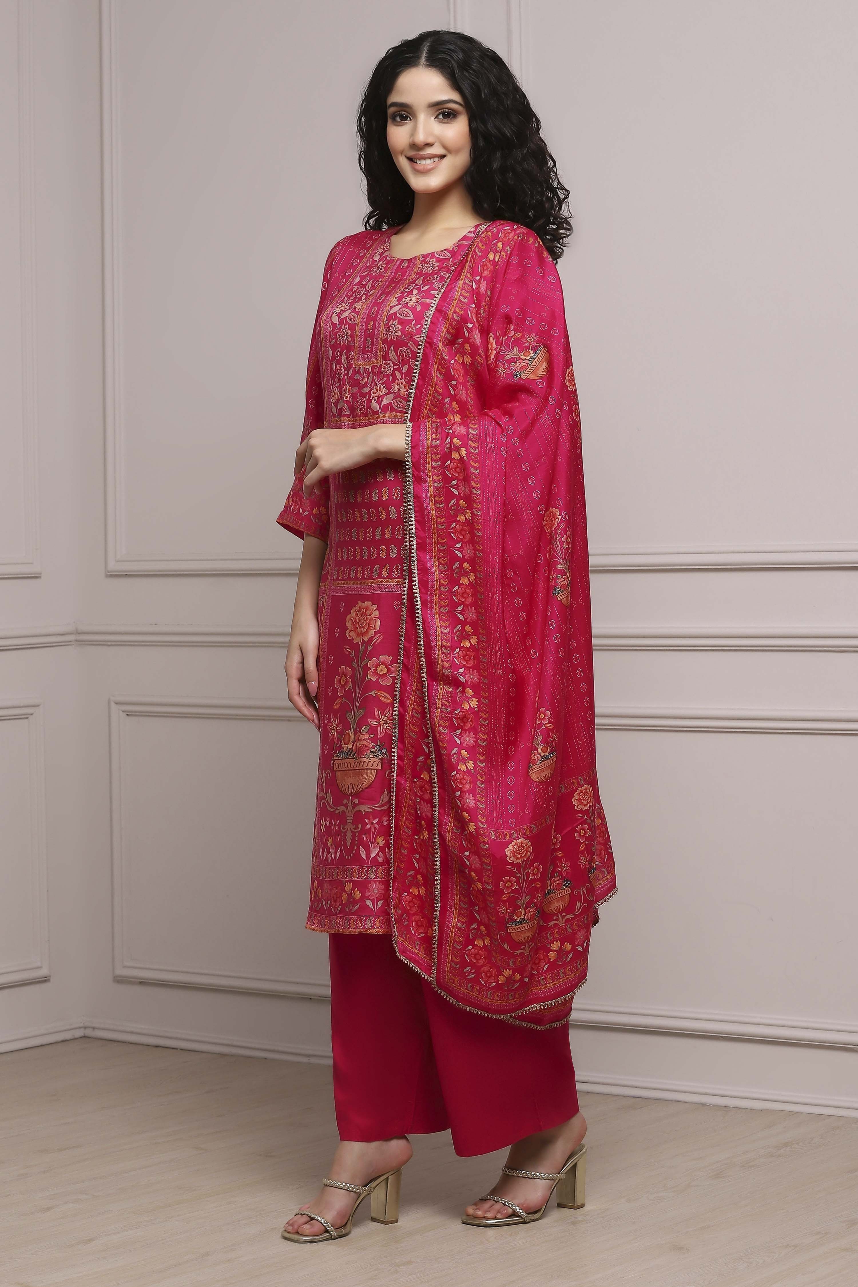 Pink Viscose Rayon Straight Printed Suit Set image number 3