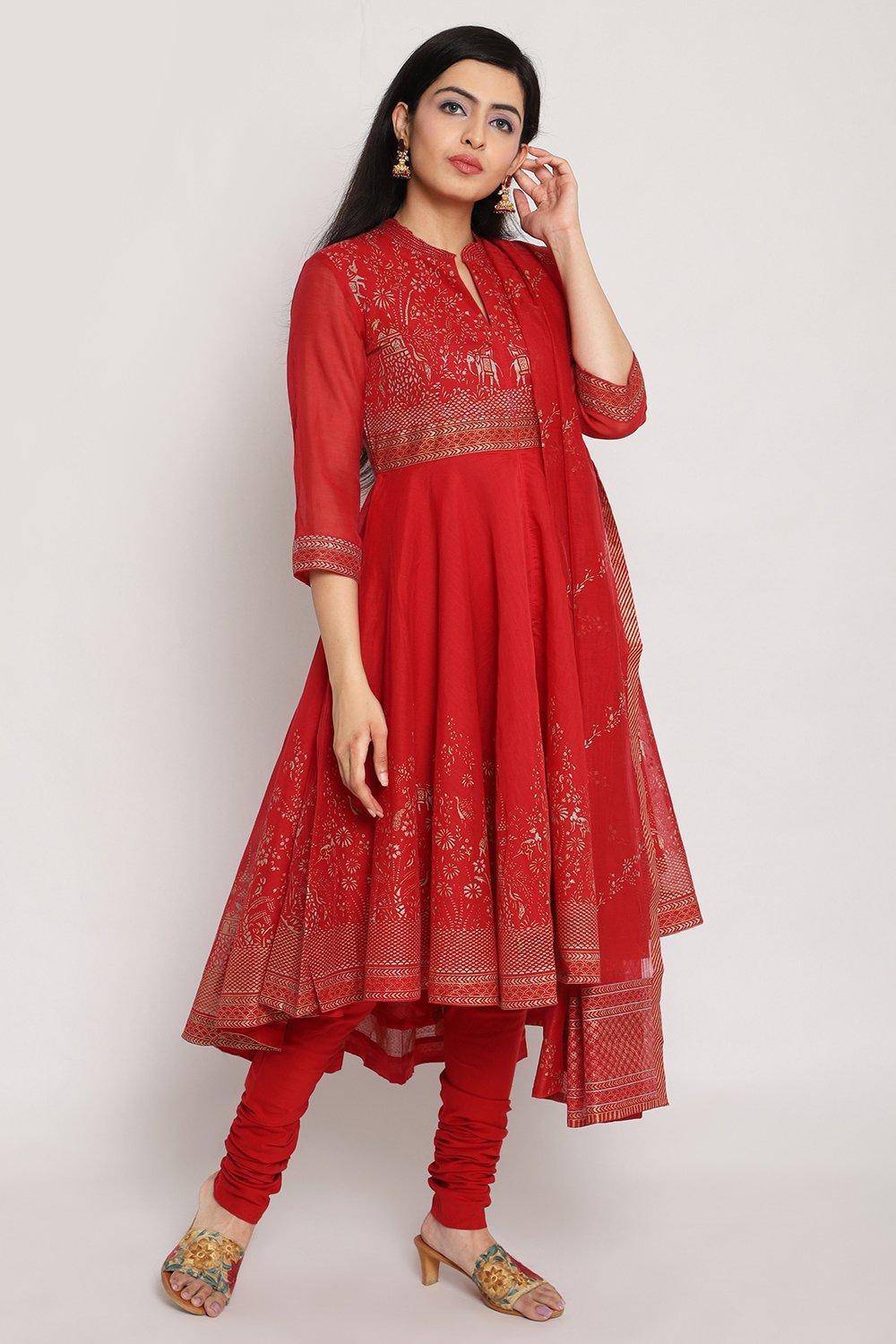 Red Straight Kurta Churidar Suit Set image number 2