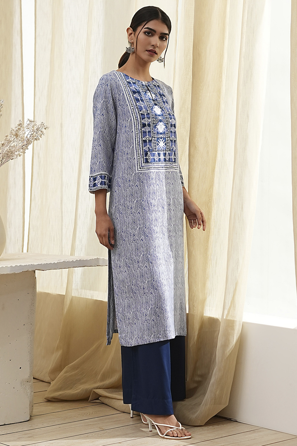 Beige Printed Straight Kurta image number 0
