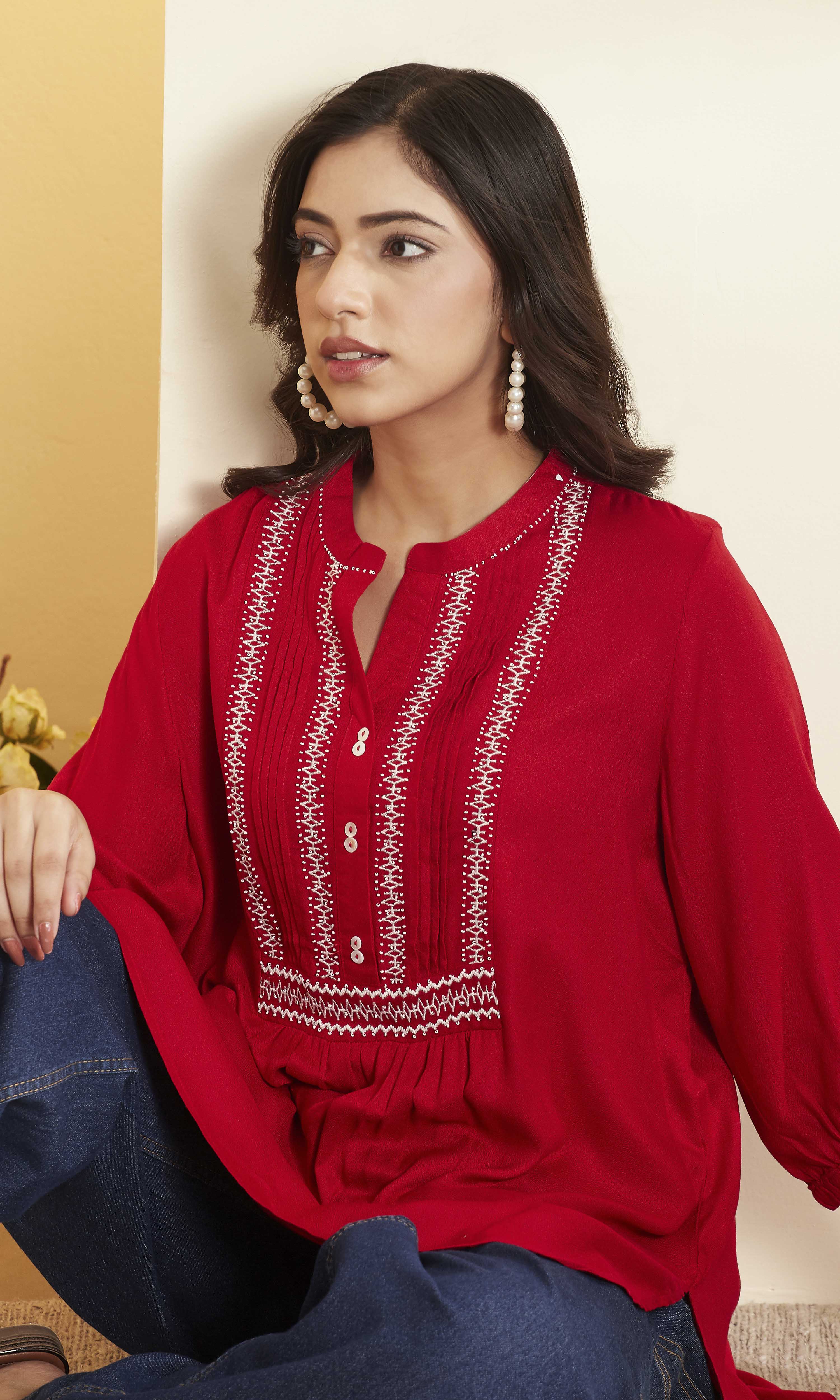 Red Viscose Rayon Embroidered Straight Kurti image number 1