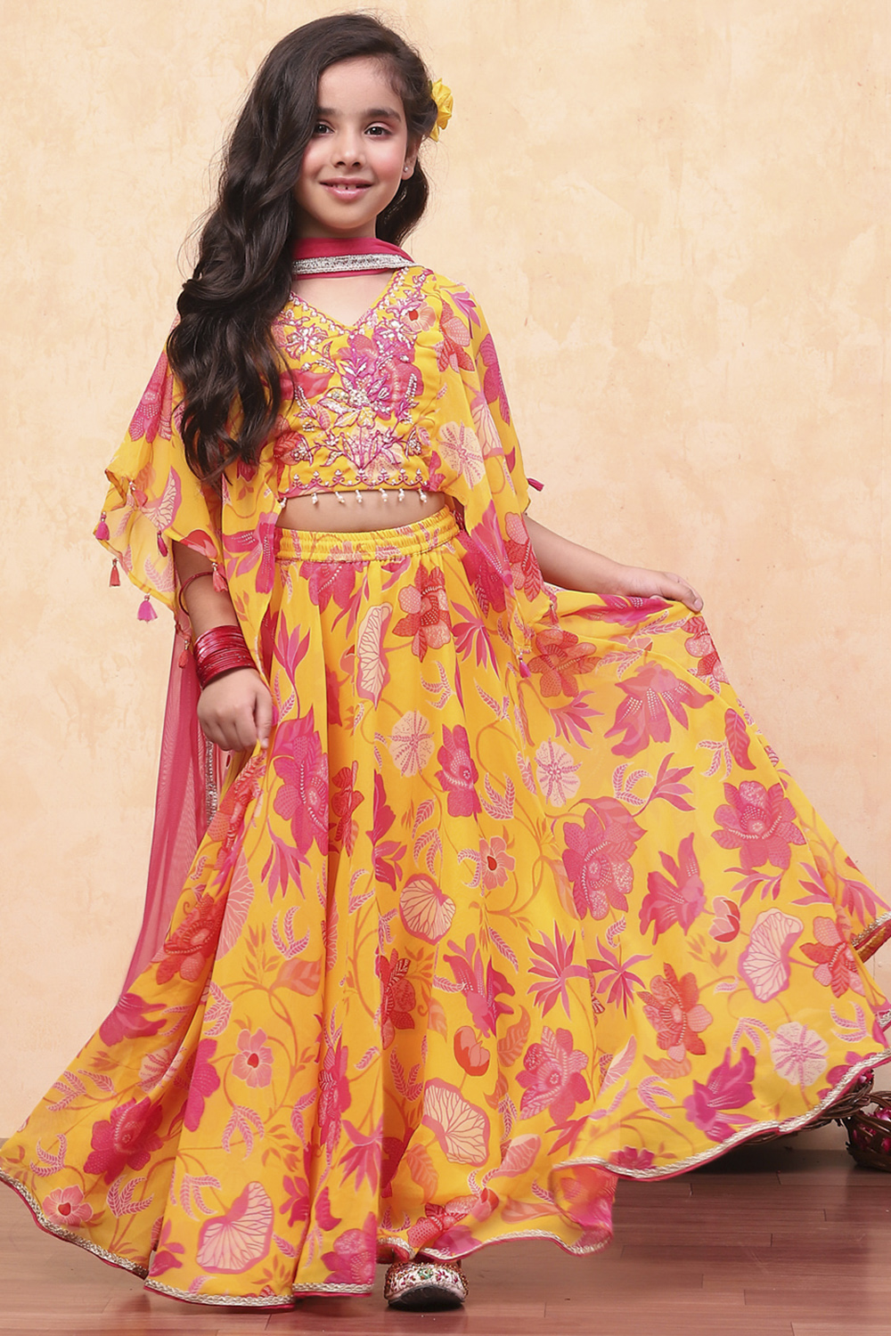 Yellow Polyester Printed Flared Lehenga Set image number 0