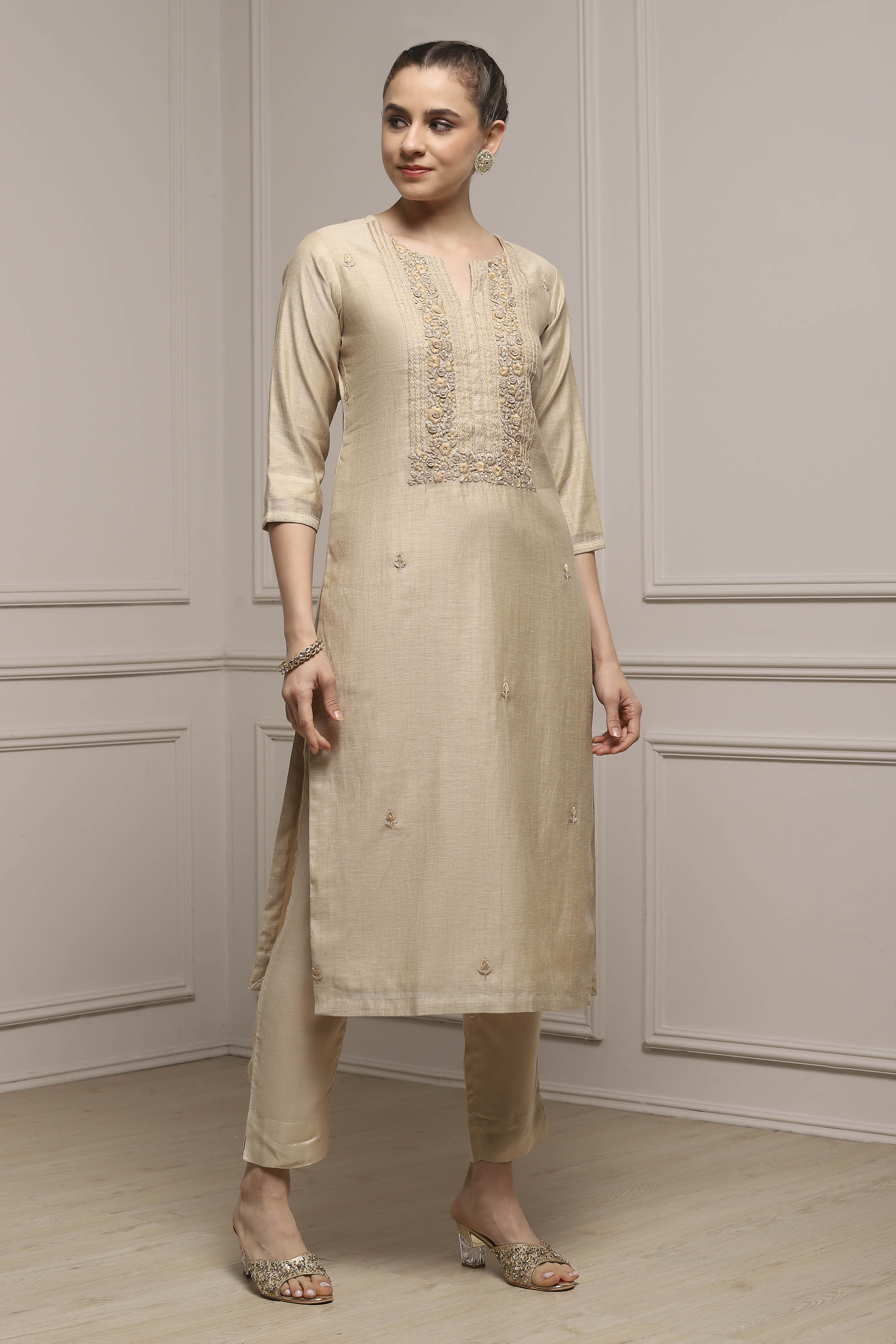 Beige Chanderi Blend Hand Embroidered Unstitched Suit Set image number 6