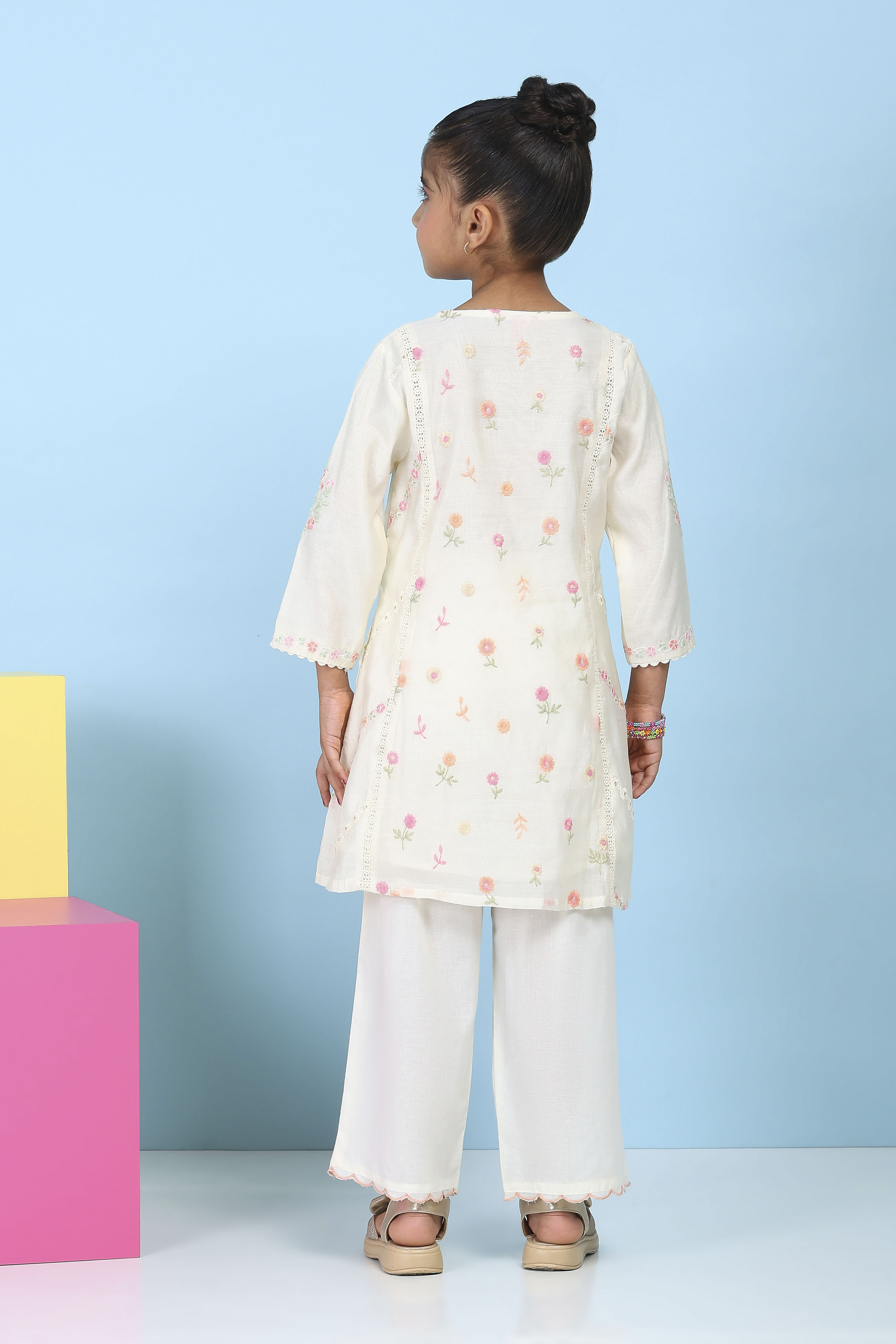 White Poly Chanderi Floral Printed A-Line Suit Set image number 4