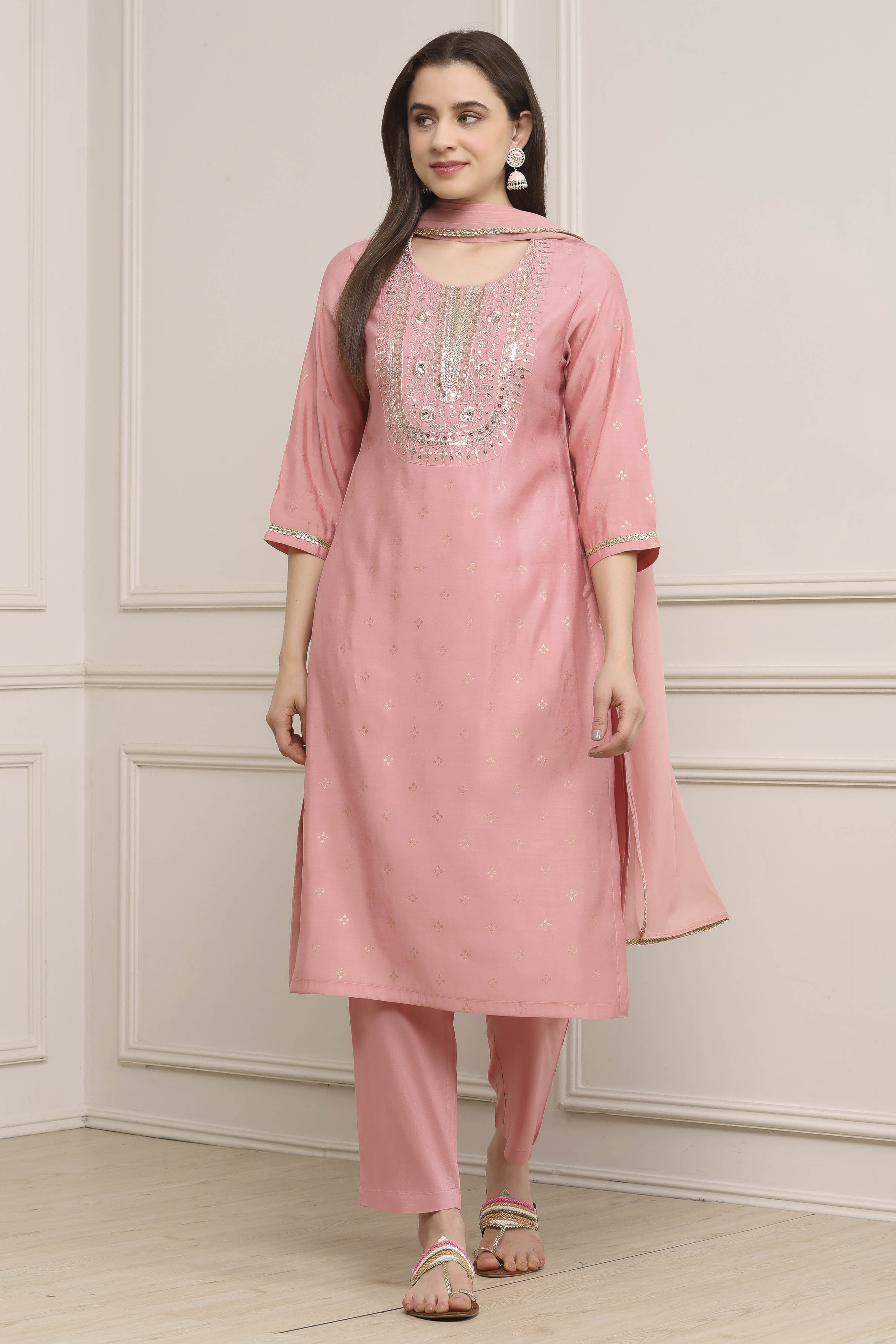 Light Pink Viscose Rayon Straight Suit Set image number 6